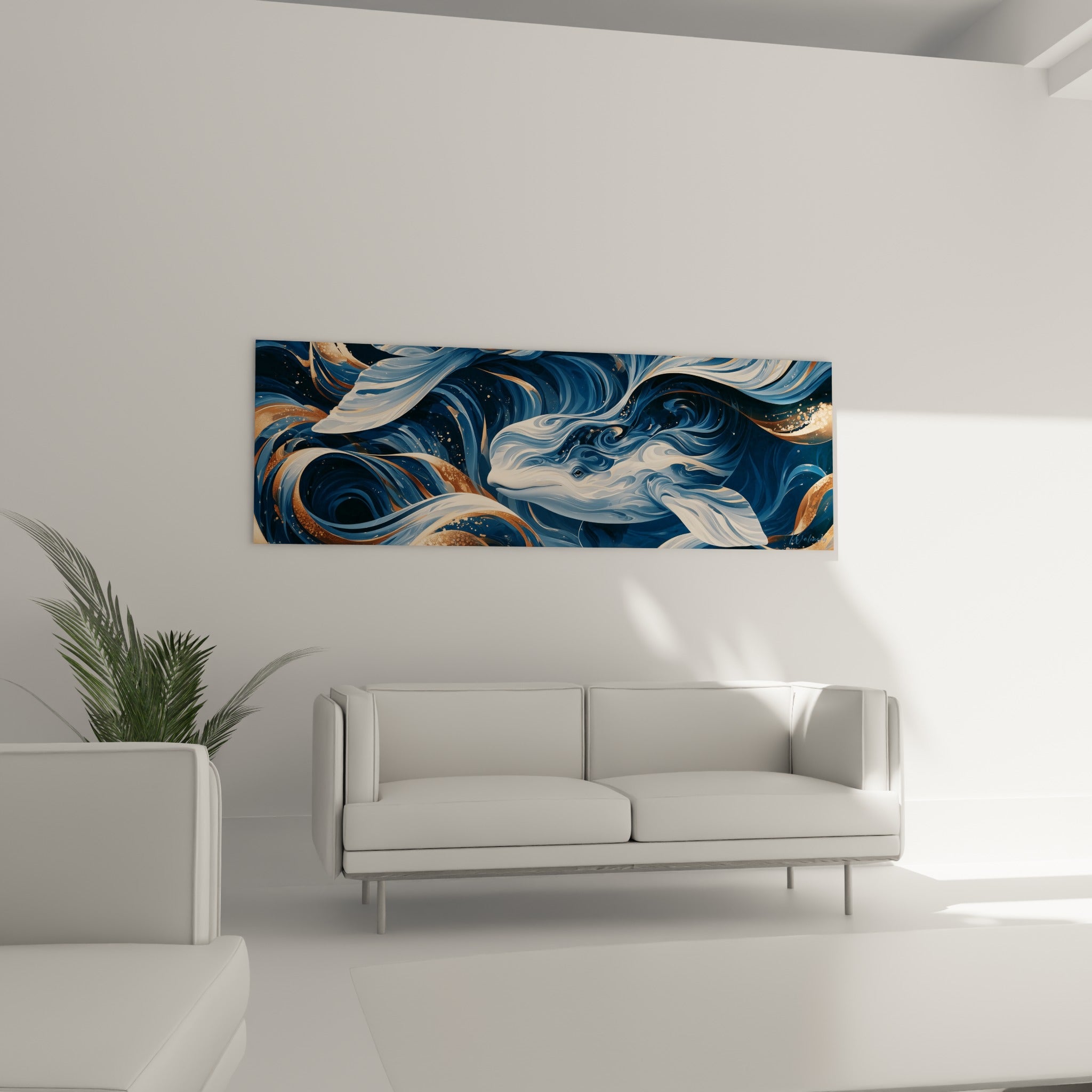 Beluga blanc et bleu pastel entouré de vagues cuivrées, accroché au-dessus d'un canapé dans un salon lumineux