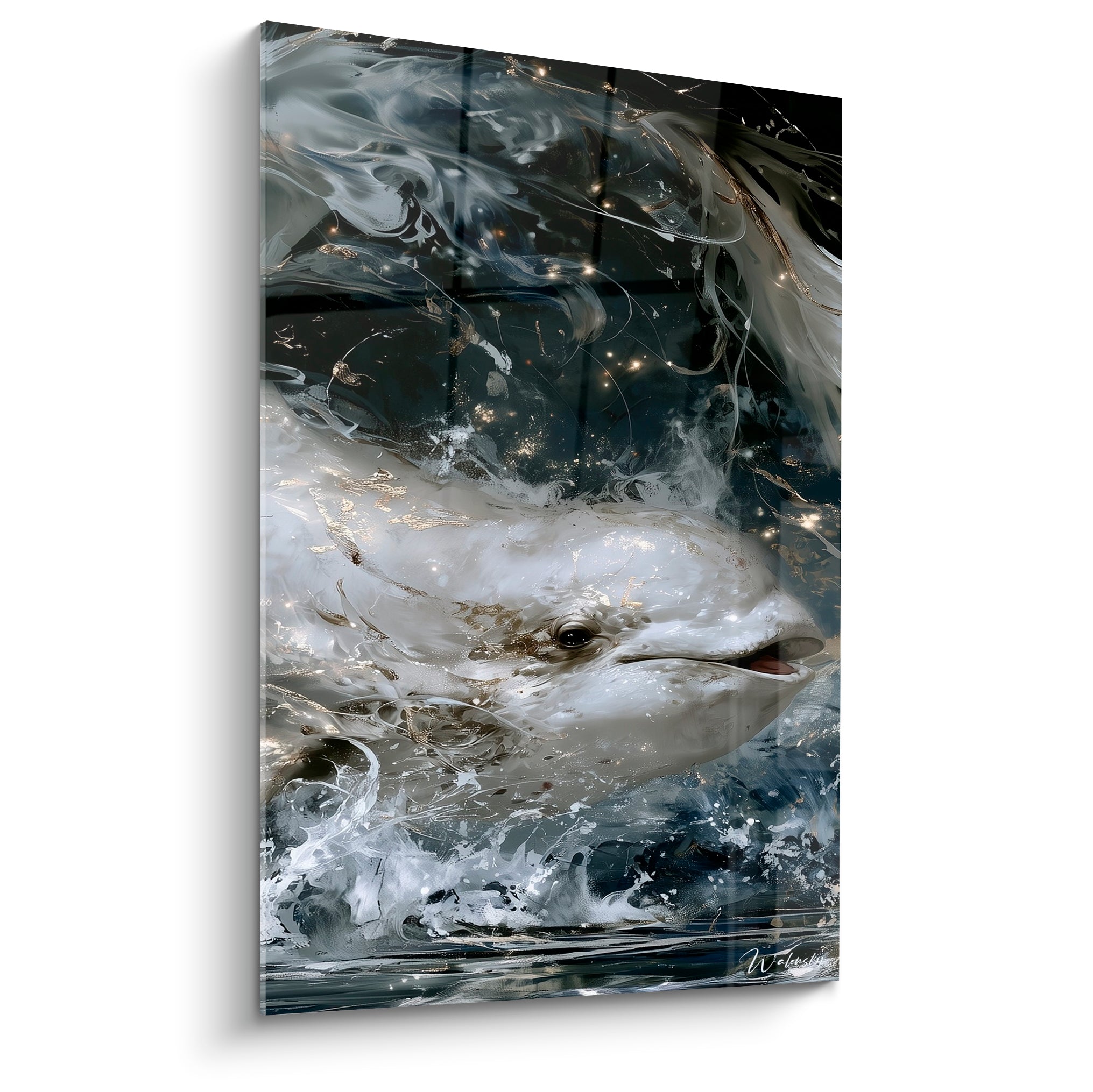 Beluga blanc et doré émergeant de vagues anthracite, tête inclinée, texture picturale fluide