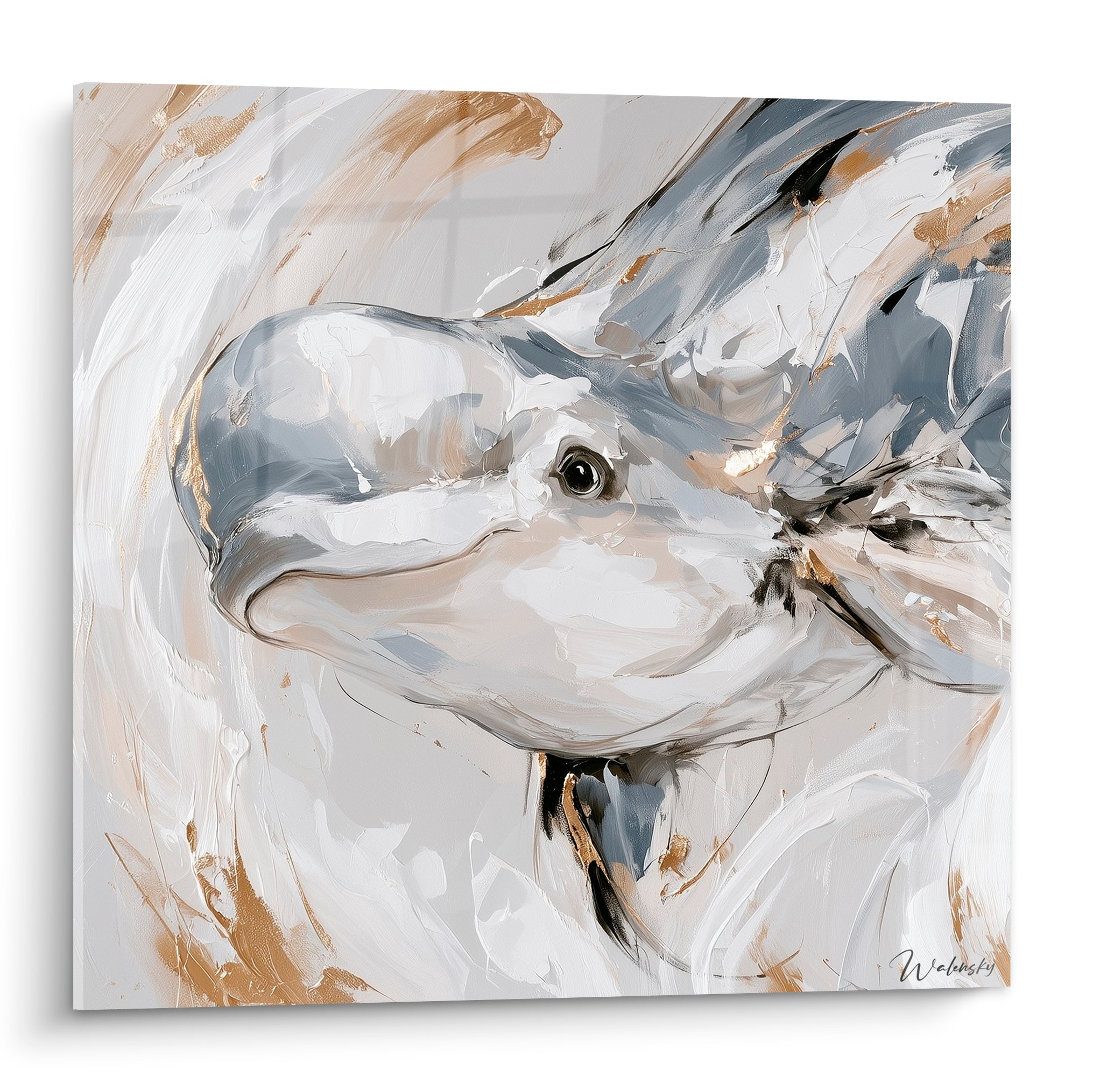 Beluga blanc et doré peint en gros empâtements, regard sombre, fond crème tourbillonnant