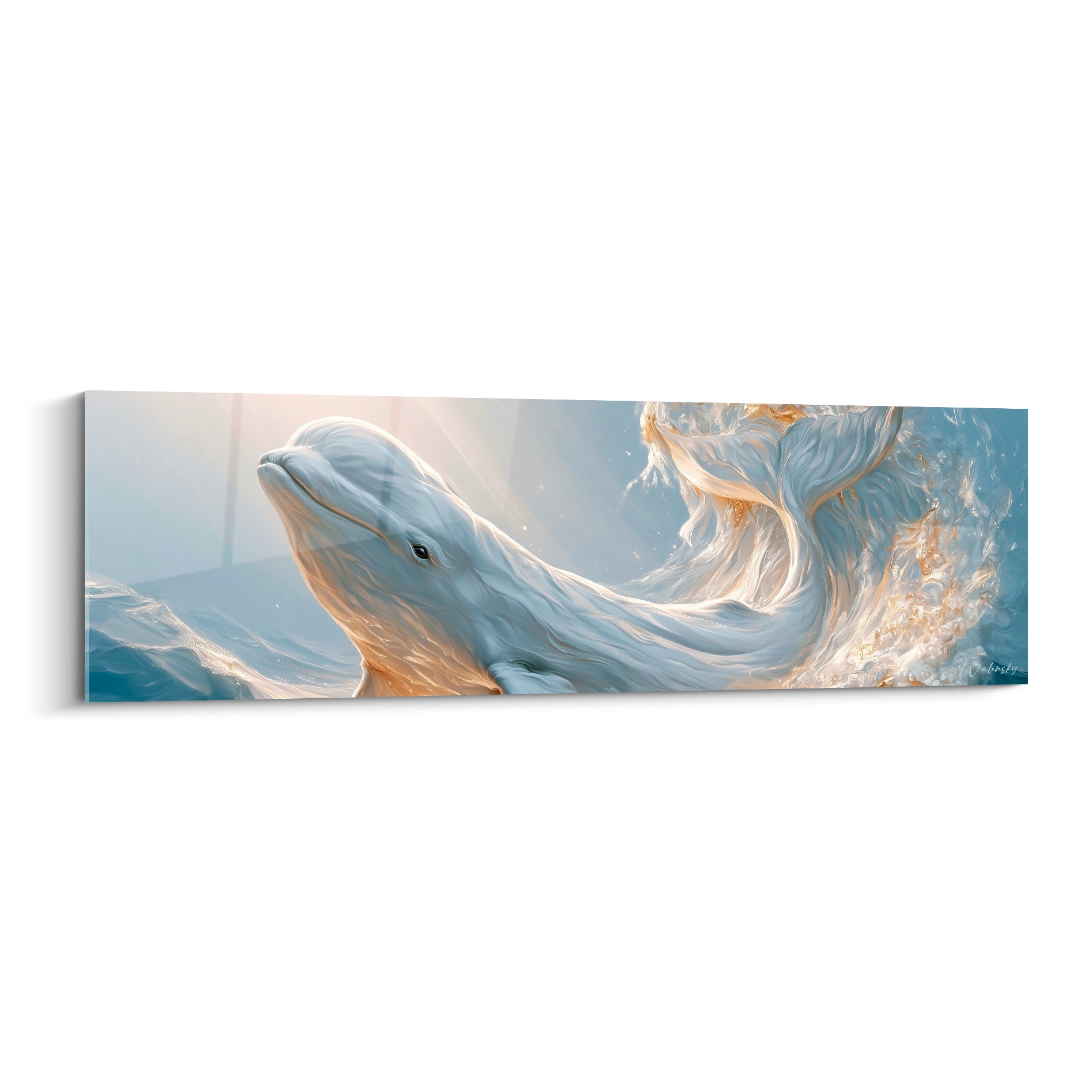 Beluga blanc nacré émergeant d'une vague dorée, rayons lumineux et bleu glacé en fond