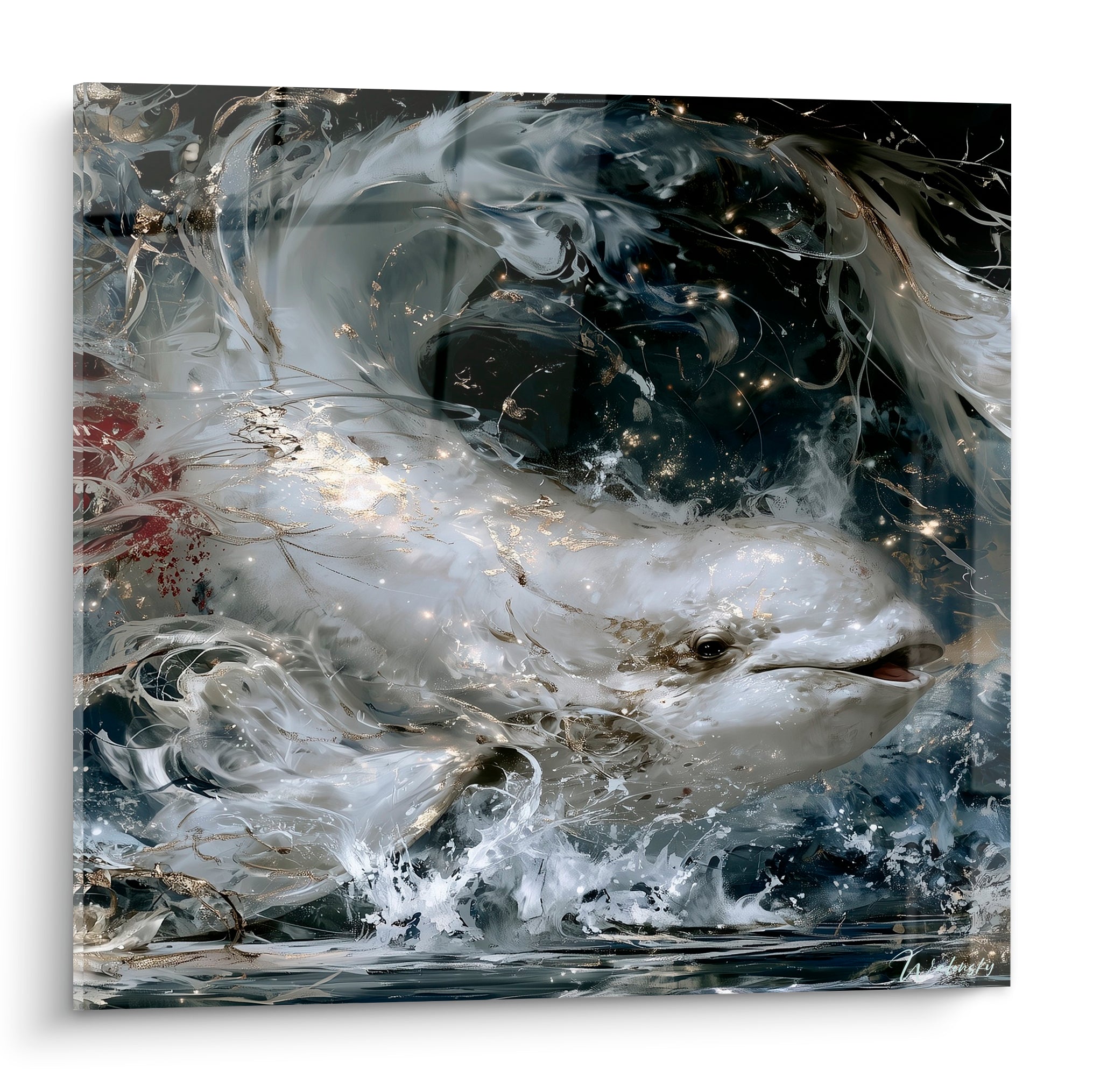 Beluga blanc et doré émergeant de vagues anthracite dans un tourbillon d'écume lumineuse