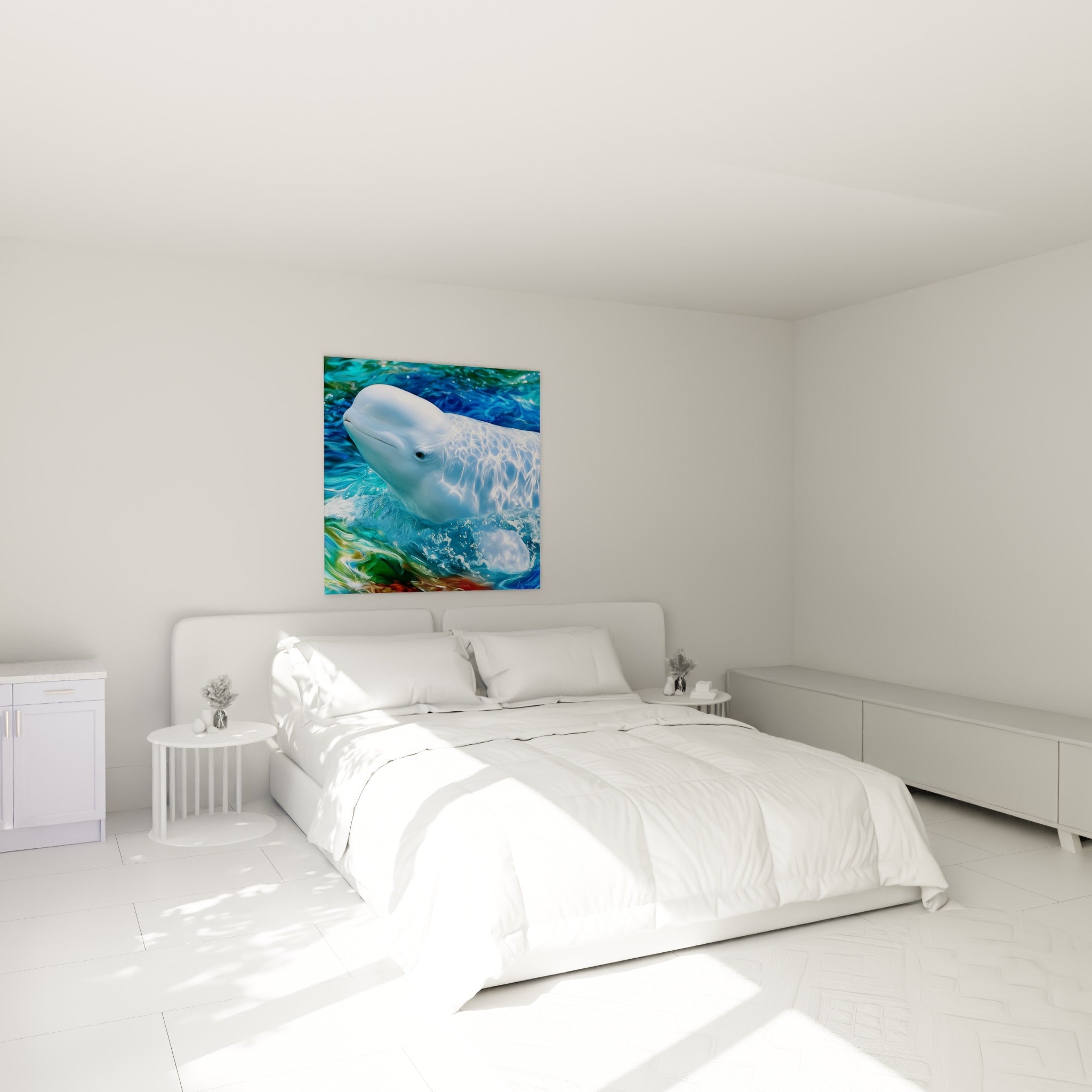 Beluga blanc aux reflets turquoise et ocre surgissant des vagues, au-dessus d'un lit dans une chambre claire