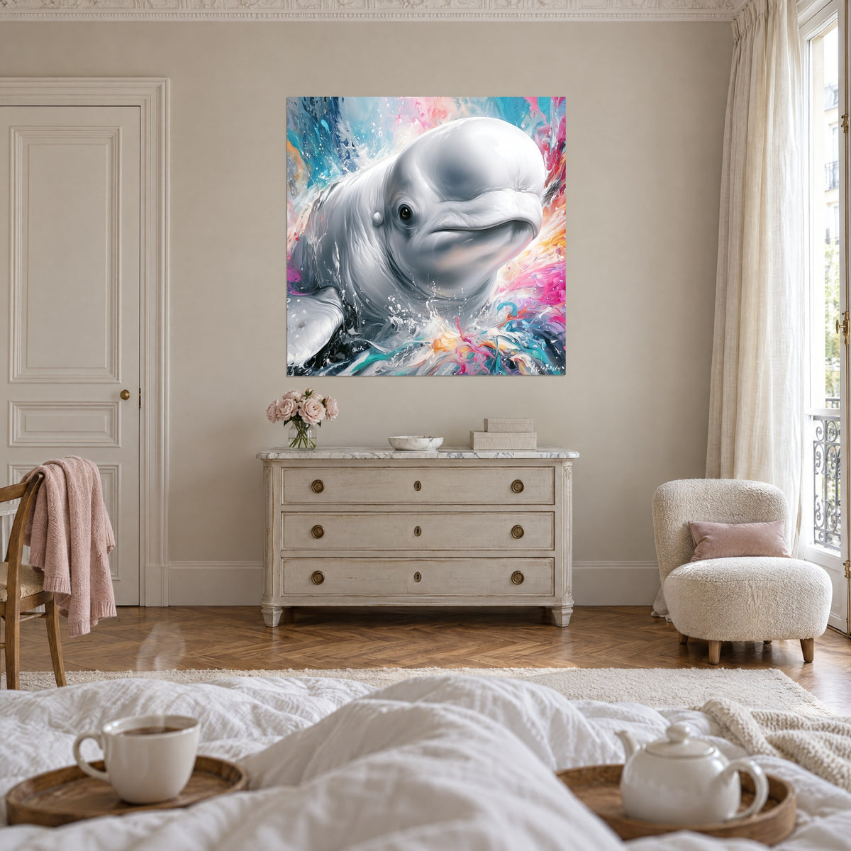 Quadro delfino bianco del Grande Nord, fronte tondeggiante e schizzi rosa vivo e turchesi, sopra un letto in una camera luminosa