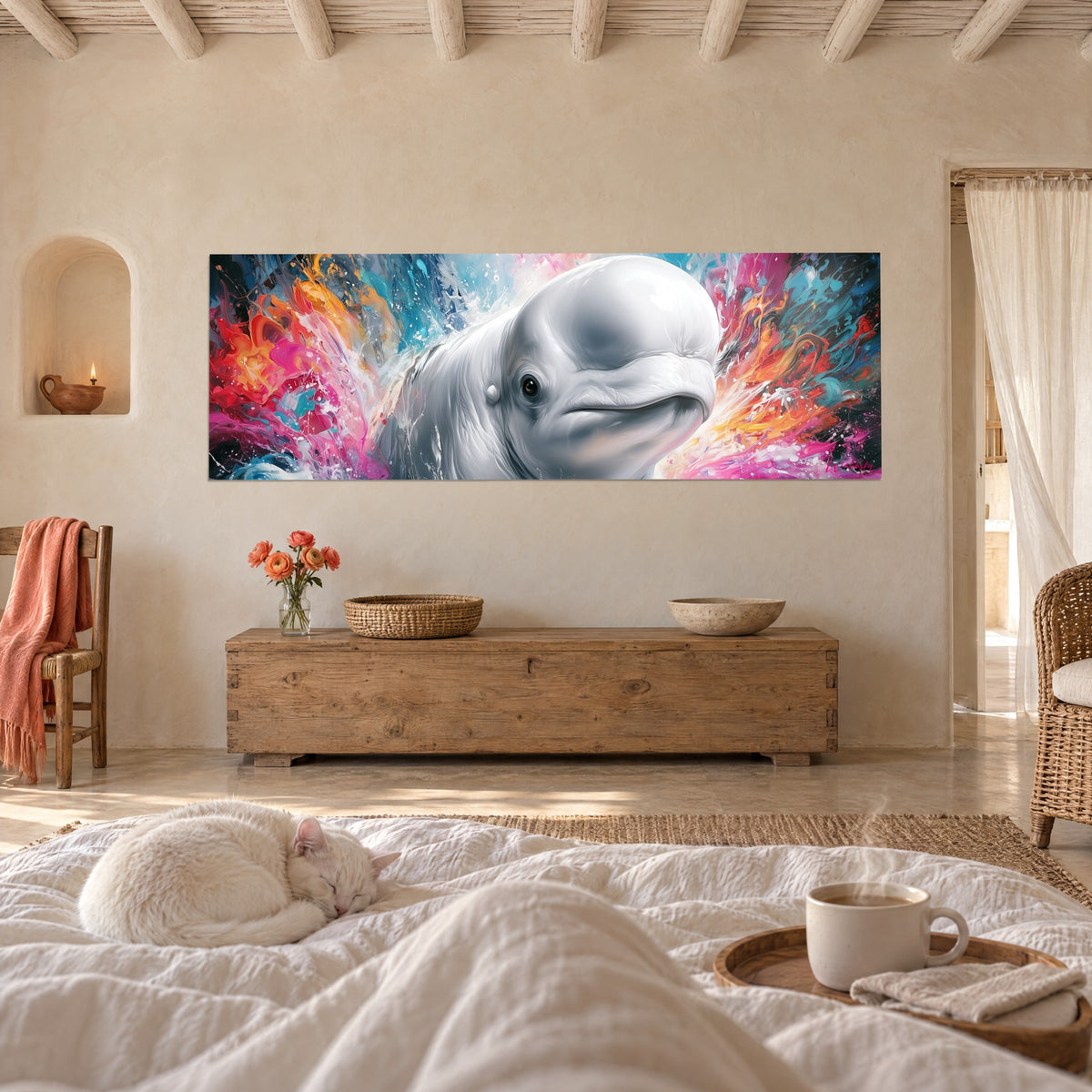 Tableau béluga au front rond et à l'œil sombre, gerbes rouges et turquoise, au-dessus d'un lit dans une chambre claire, chat blanc couché
