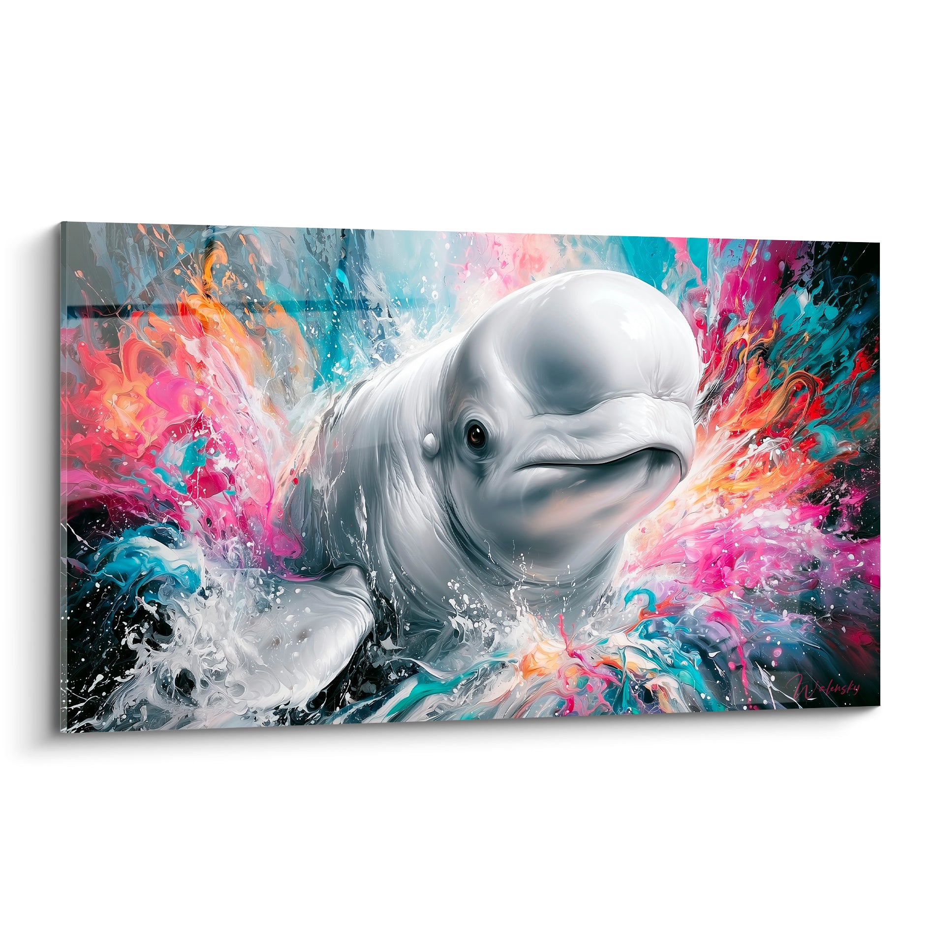 Beluga blanc au regard doux jaillissant d'éclaboussures roses, turquoise et orangées sur fond noir