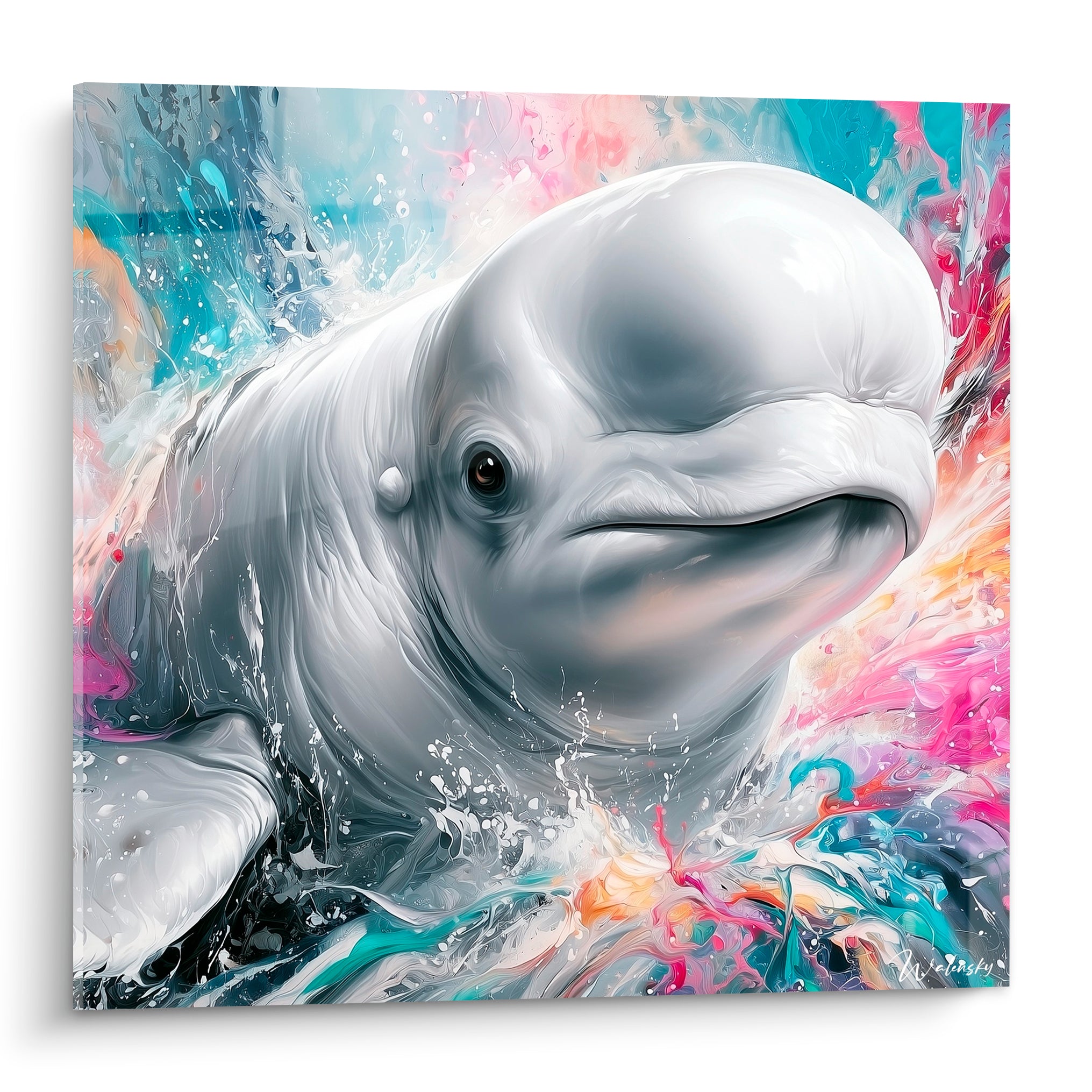 Beluga blanc au regard doux émergeant d'éclaboussures roses et turquoise sur toile