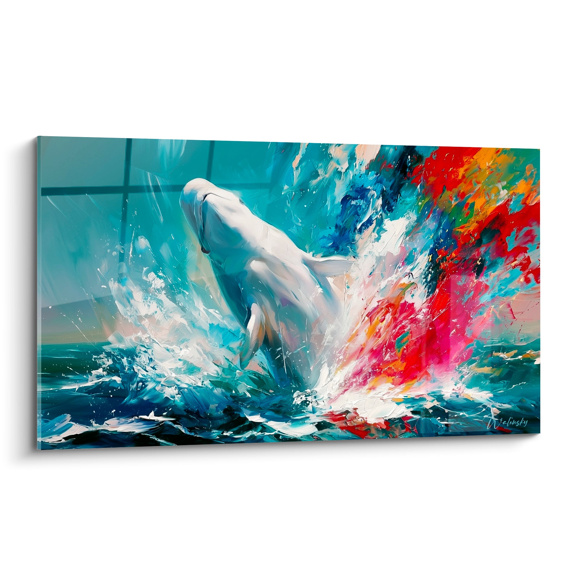 Beluga blanc jaillissant d'une eau turquoise éclaboussée de rouge et de doré vif