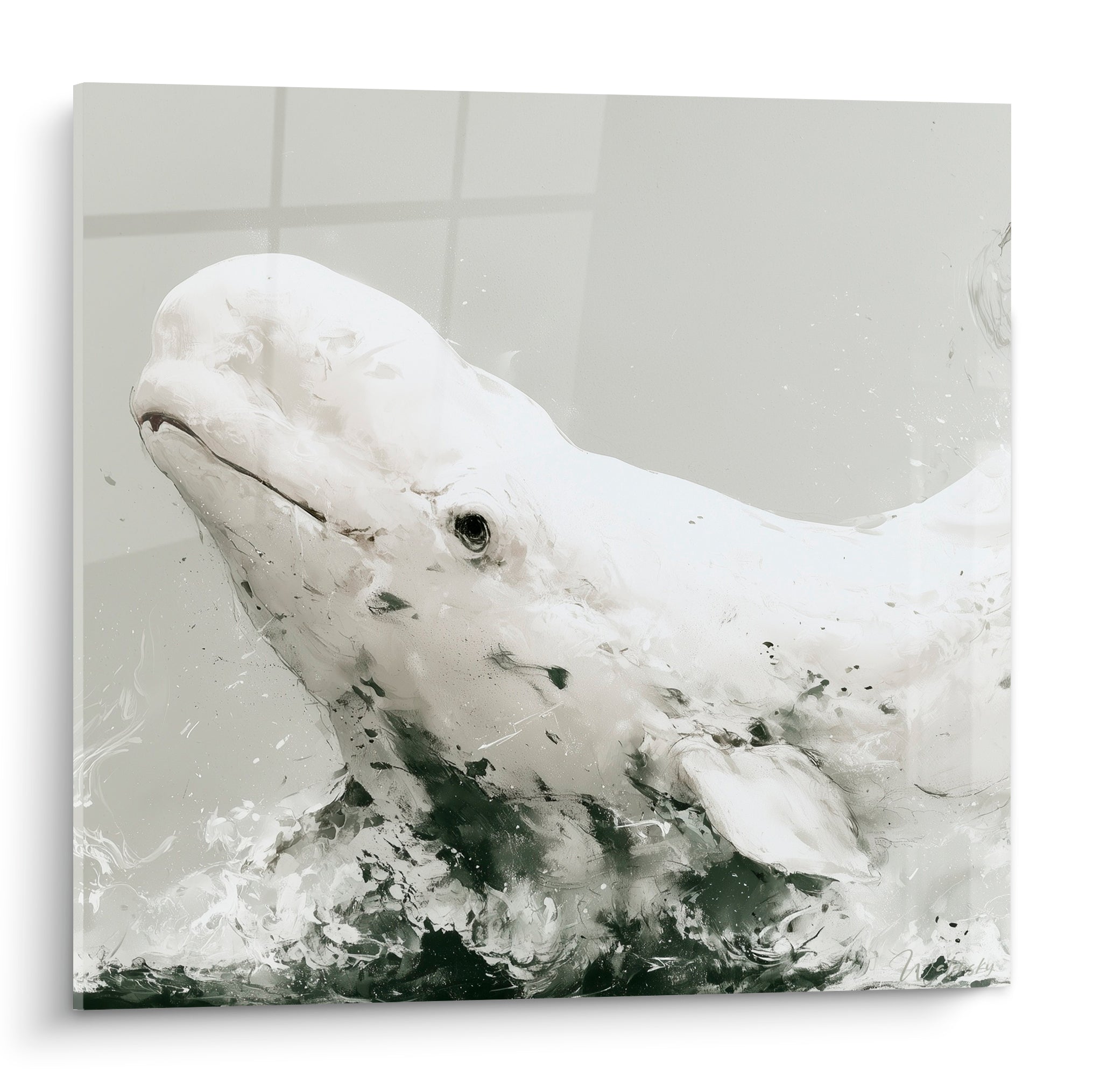 Beluga blanc jaillissant d'une eau vert sombre, éclaboussures et regard tourné vers le ciel