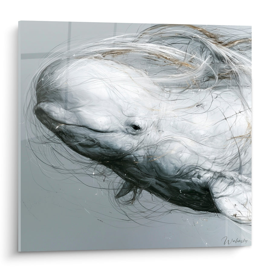 Tableau Beluga blanc et gris filaments dorés - Dérive silencieuse - Edition Beluga