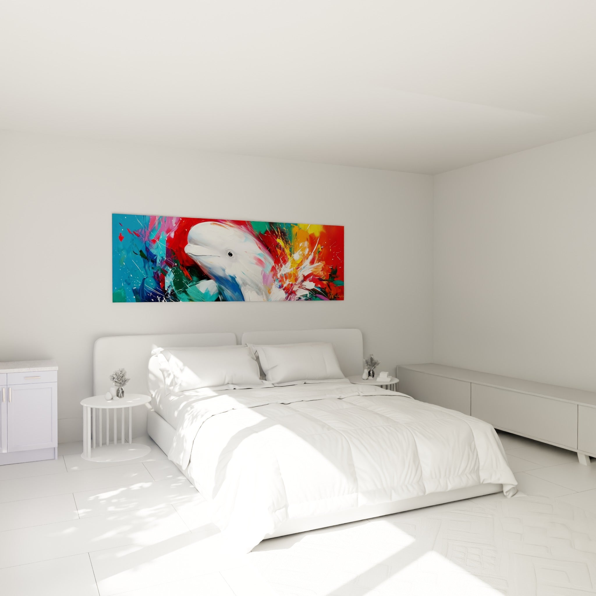 Tête de beluga blanche cernée de rouge et d'orange, accrochée au-dessus d'un lit dans une chambre claire