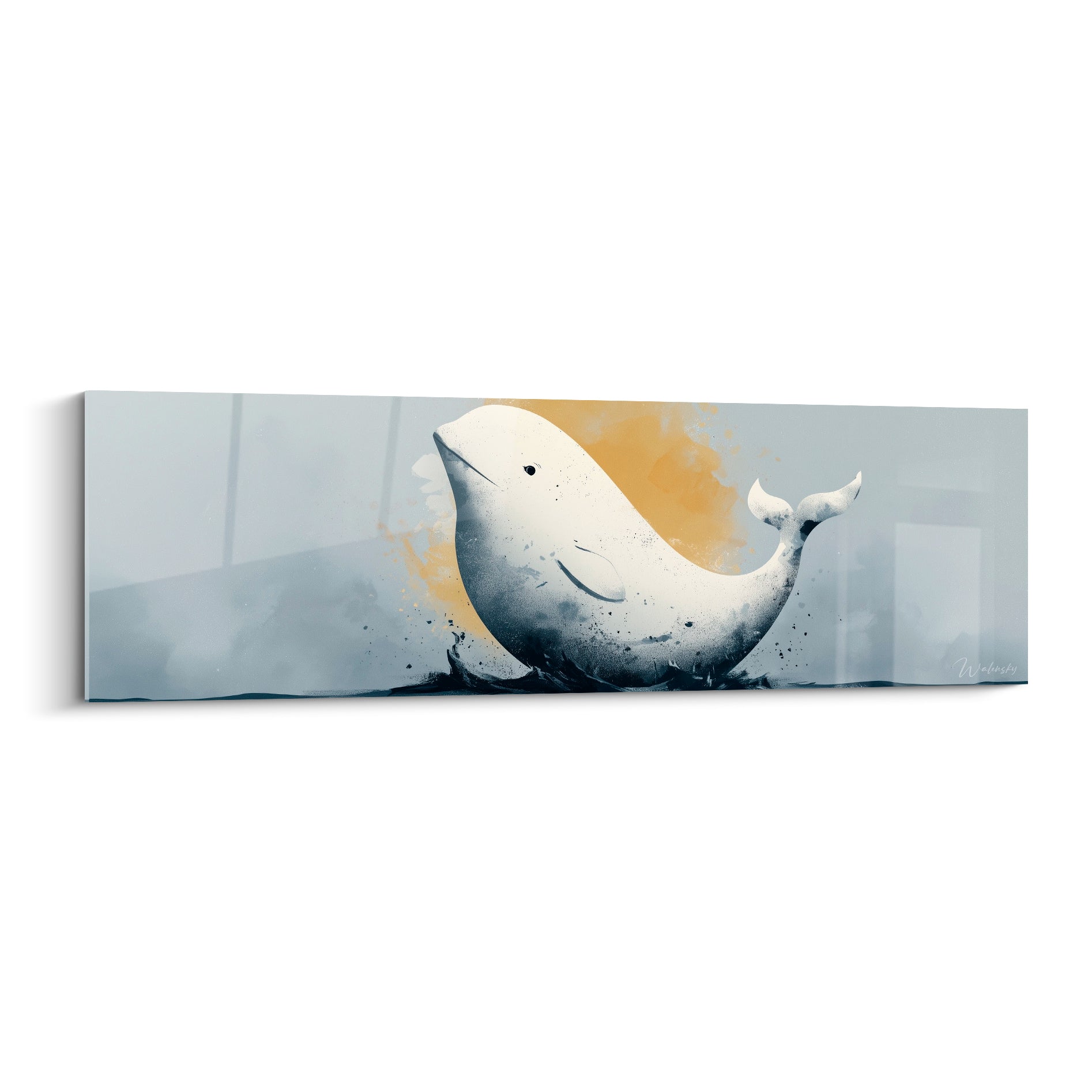 Beluga blanc crème émergeant d'un fond gris bleuté avec halo doré en aquarelle