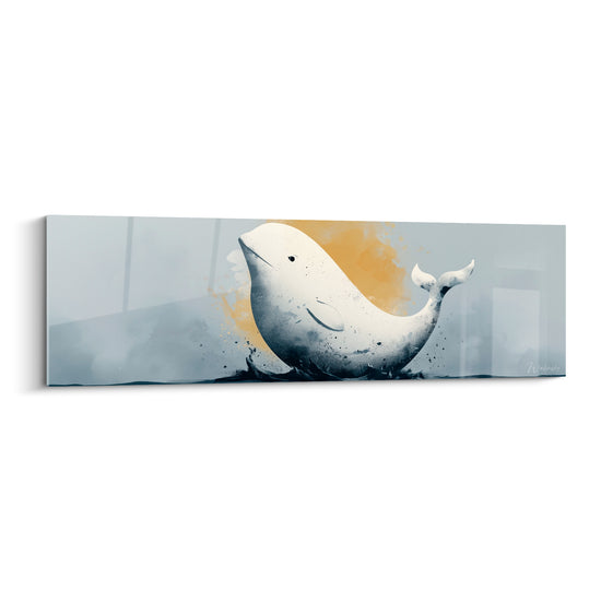 Beluga blanc crème émergeant d'un fond gris bleuté avec halo doré en aquarelle