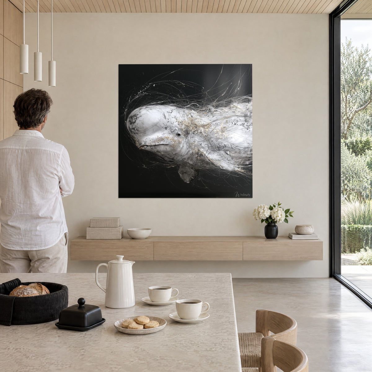 Schilderij beluga met parelgrijze glans, gouden schittering en een spoor van fijne lijnen op zwart, bewonderd door een man in een wit overhemd