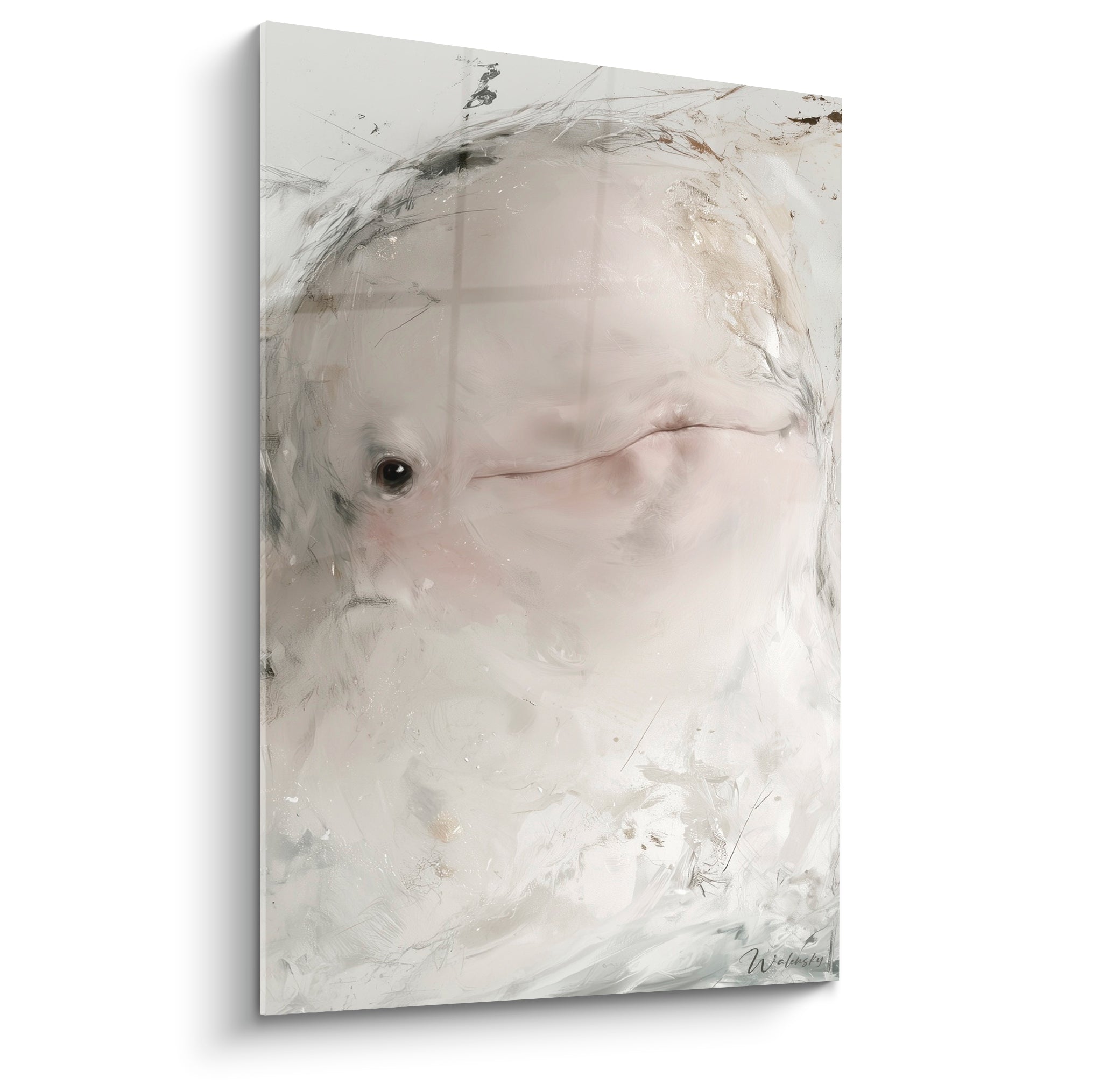 Beluga blanc ivoire, œil sombre perçant, empâtements et touches dorées en surface picturale