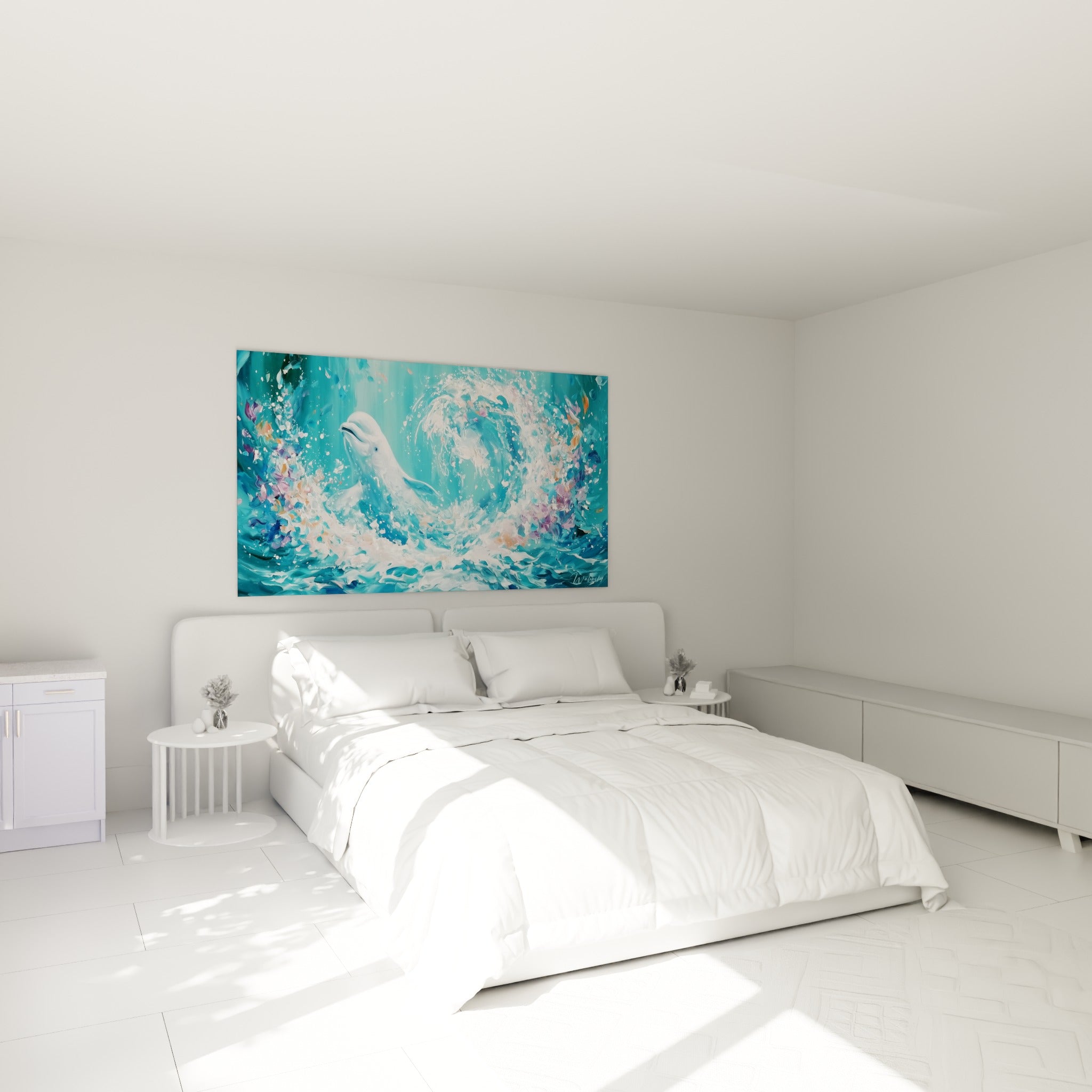 Créature marine turquoise et blanche émergeant des flots, au-dessus d'un lit dans une chambre claire