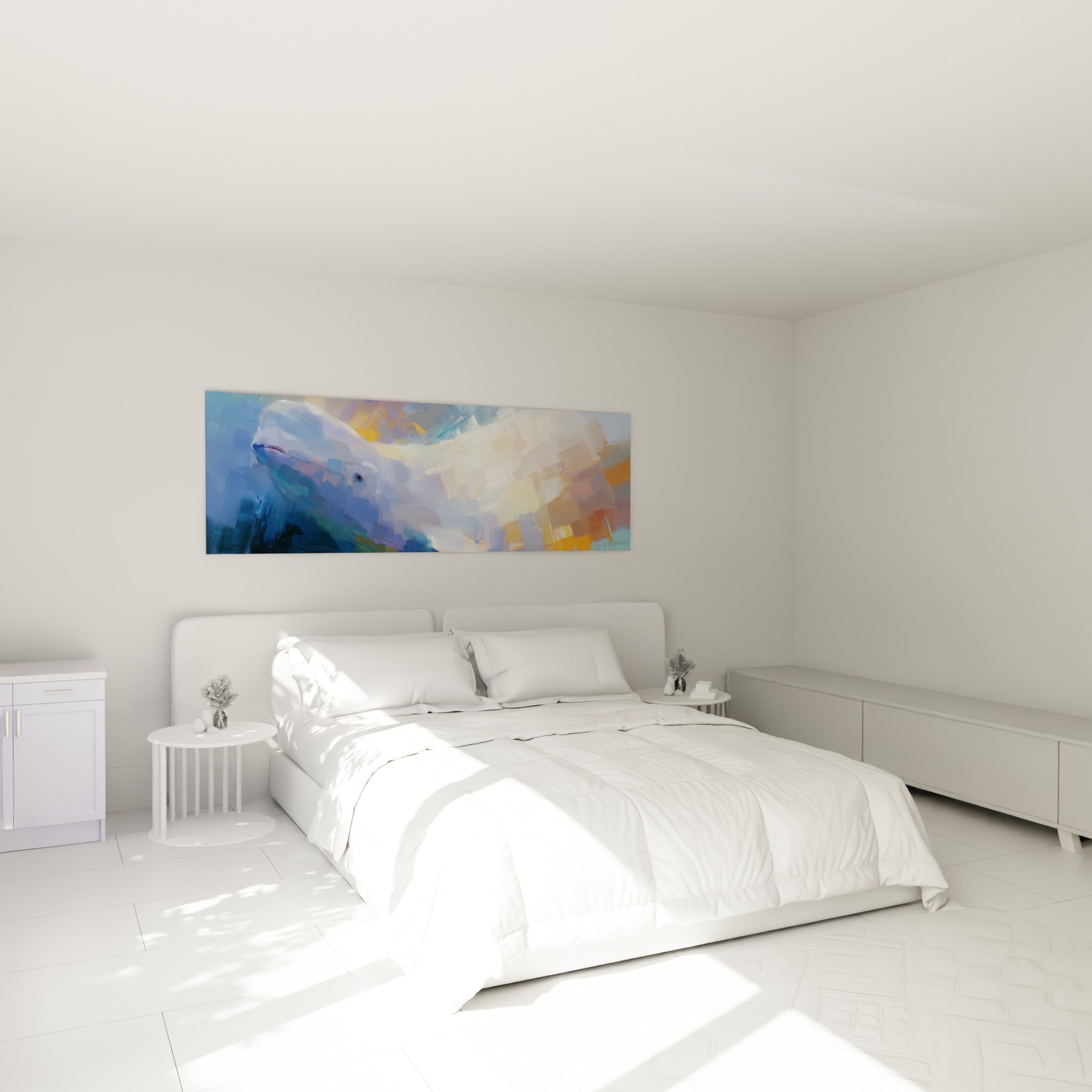 Silhouette de Beluga bleu marine et blanc laiteux au-dessus d'un lit dans une chambre claire