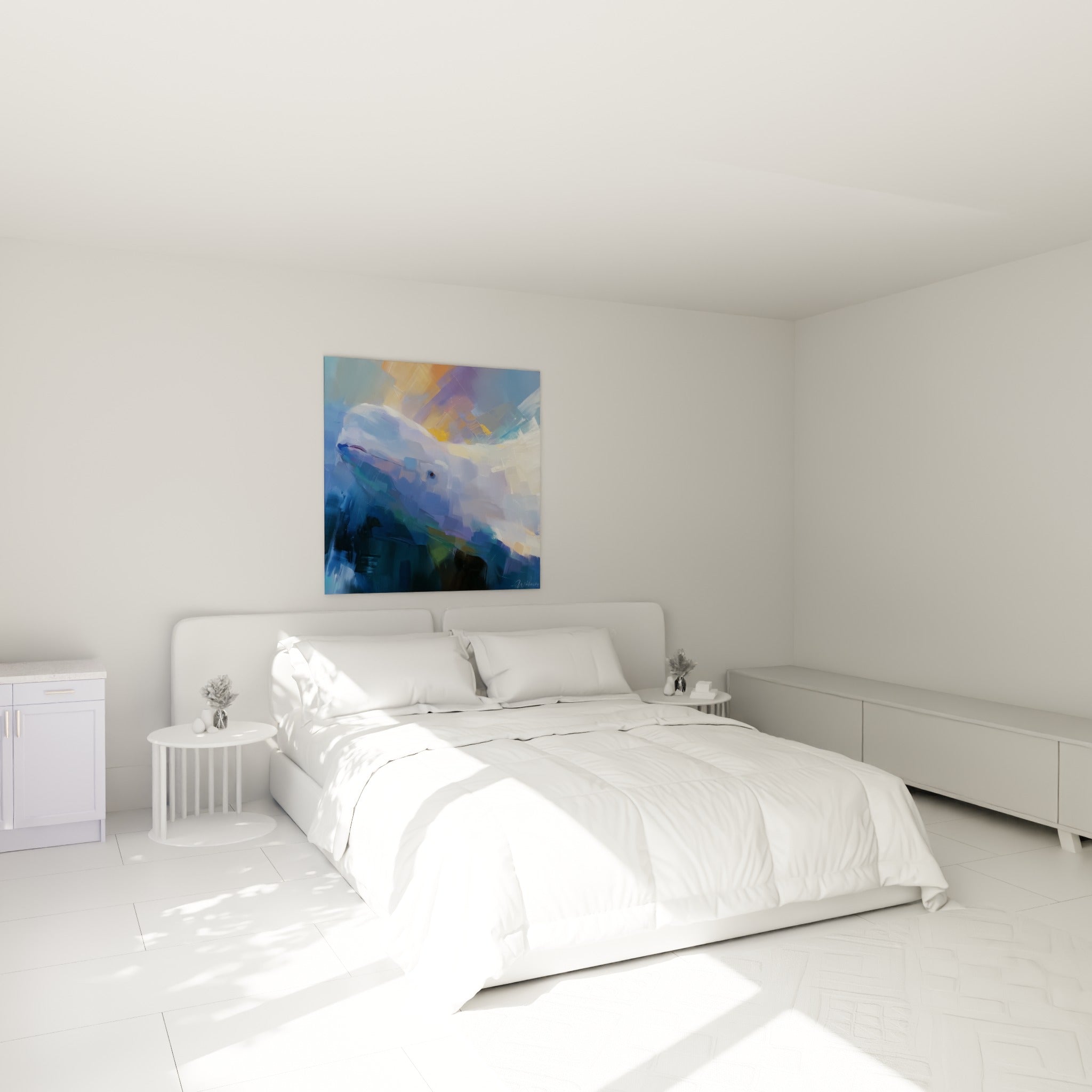 Silhouette de beluga blanche et bleu marine surmontée de reflets orangés, au-dessus d'un lit dans une chambre claire
