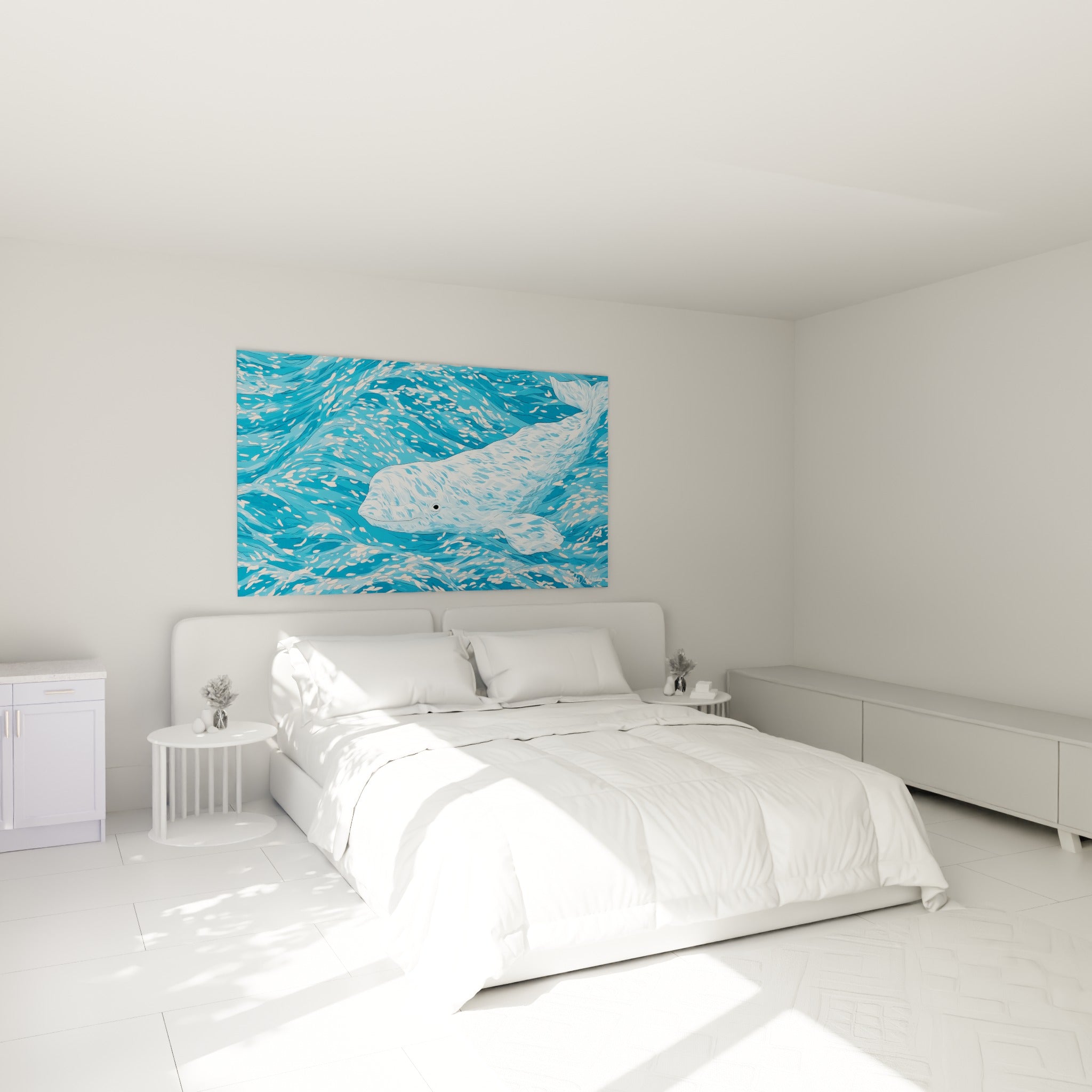 Beluga glissant dans une eau bleu ciel et blanche, accroché au-dessus d'un lit dans une chambre claire