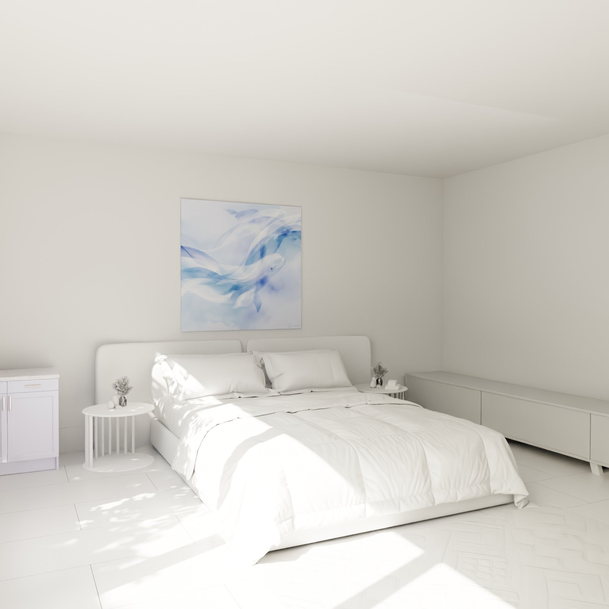 Silhouette de beluga blanc et bleu marine flottant au-dessus d'un lit dans une chambre claire