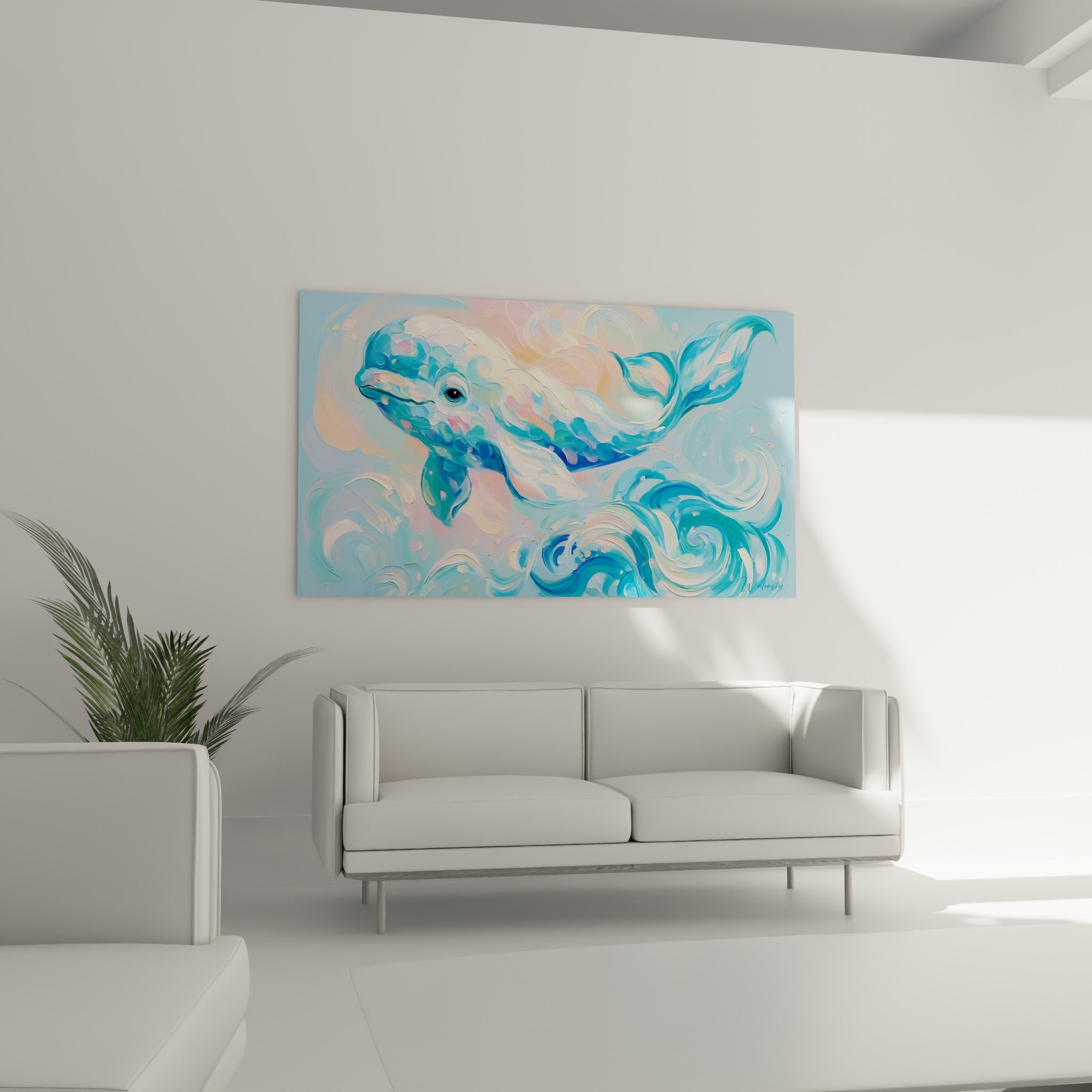 Cétacé blanc nacré et bleu pâle entouré de vagues peintes, au-dessus d'un canapé dans un salon lumineux