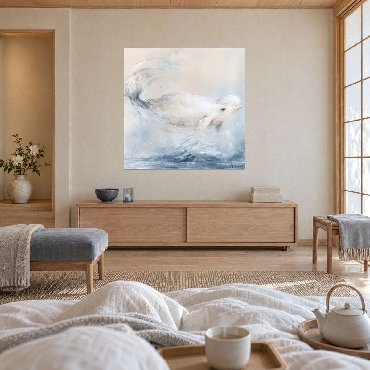 Schilderij van een crèmekleurig zeezoogdier dat door een leikleurige golf glijdt, roze zandachtergrond, boven een bed in een lichte slaapkamer