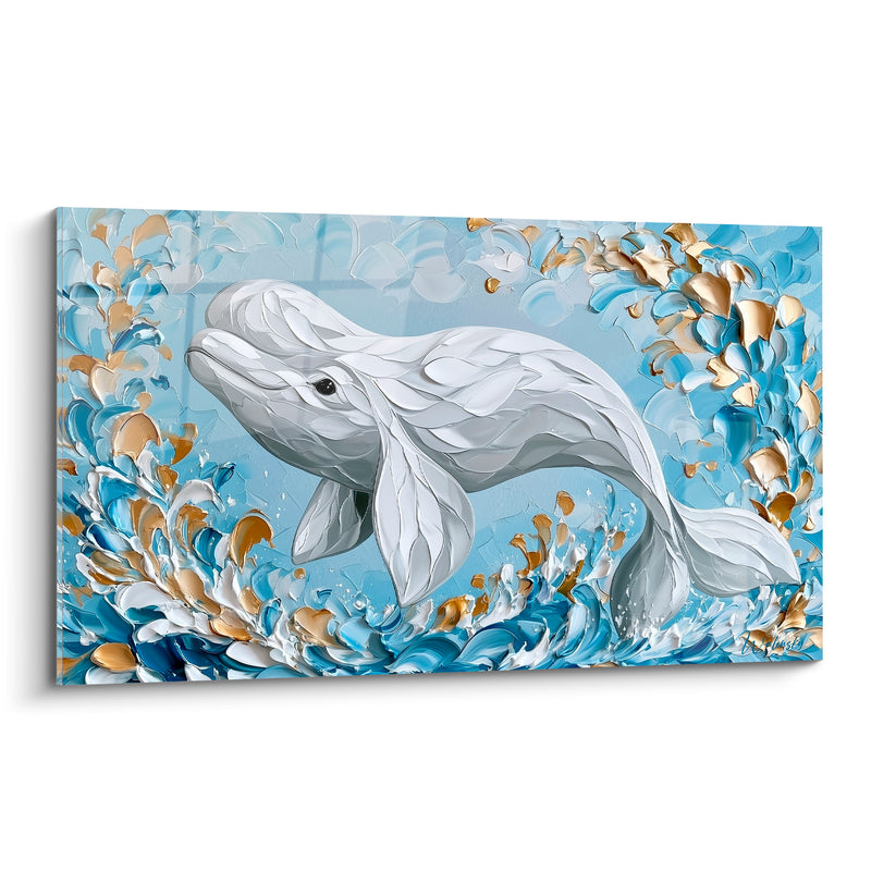 Tableau Beluga blanc doré éclaboussures de vagues - Élan de liberté - Edition Beluga