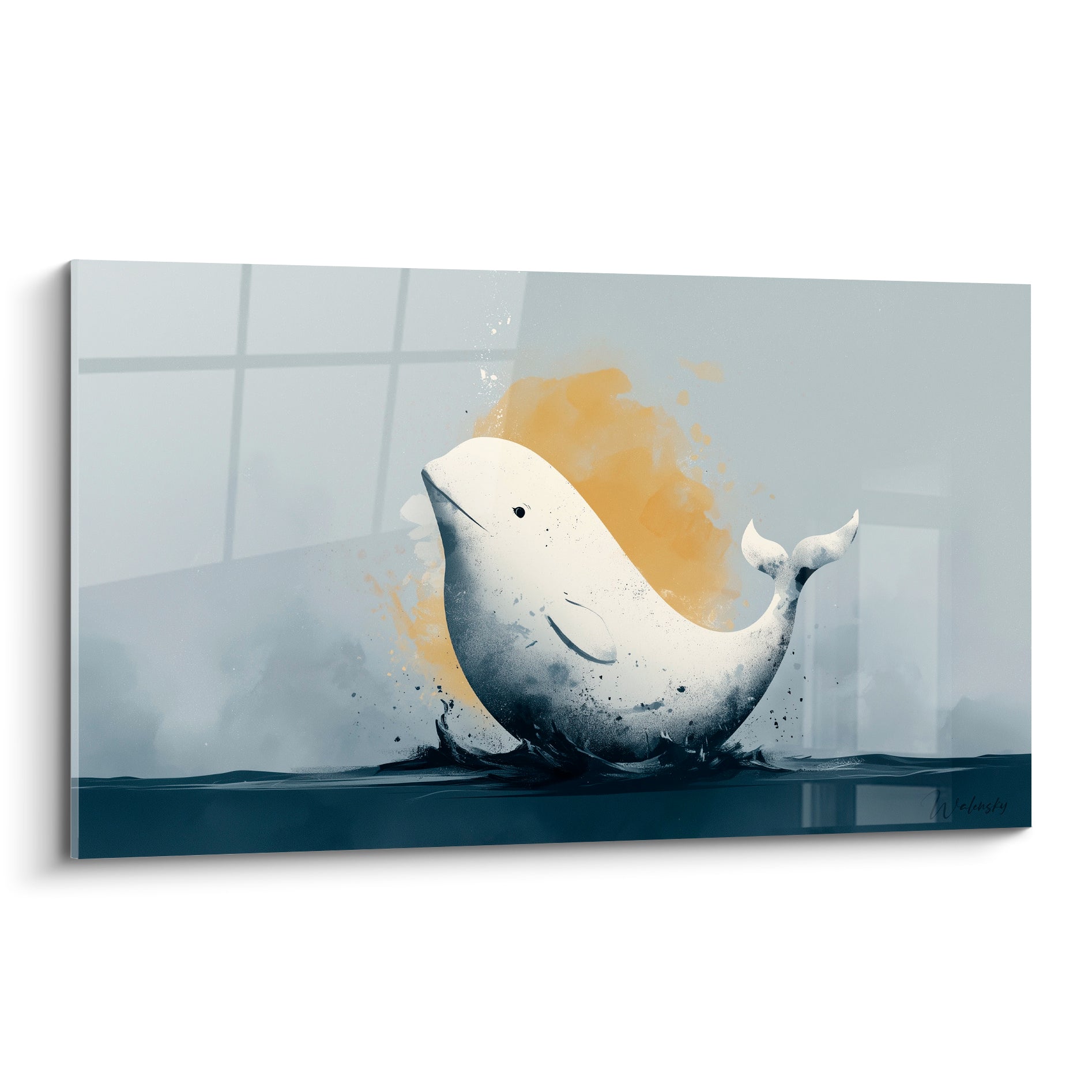 Beluga blanc jaillissant d'une eau anthracite sur fond ocre et gris, style aquarelle expressif