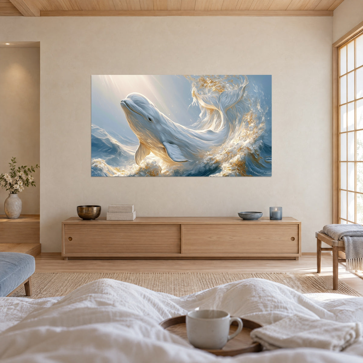 Tableau béluga nacré dans les embruns d'or sur fond bleu pâle, face à une personne de dos, au-dessus d'un lit dans une chambre claire