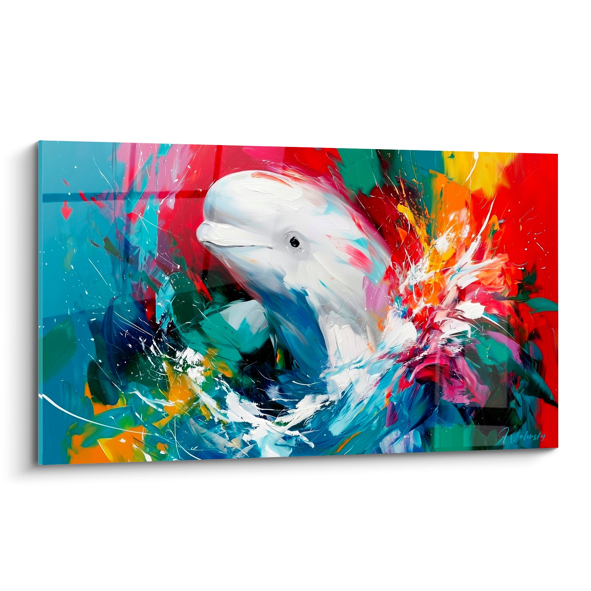 Beluga blanc émergeant d'éclaboussures rouges et bleu turquoise en peinture expressive