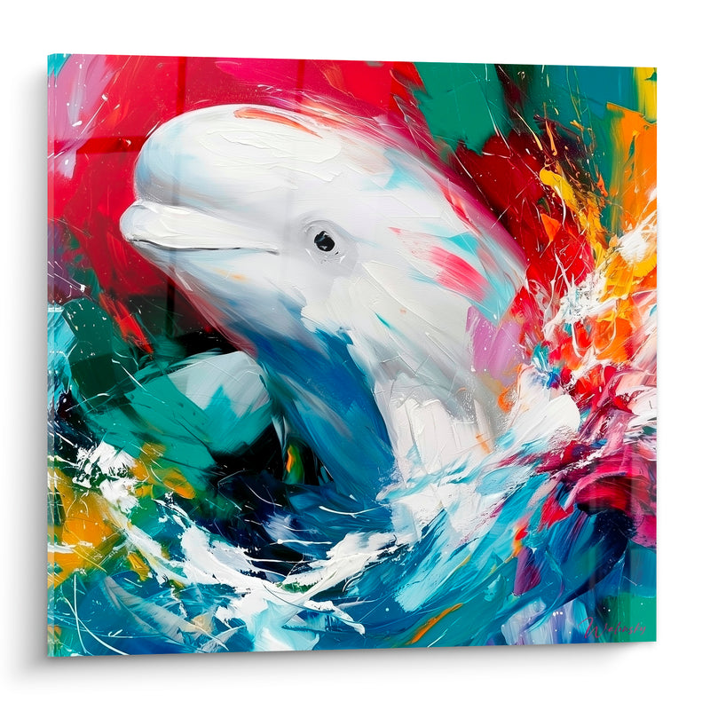 Tableau Beluga blanc rouge et turquoise éclaboussé - Jaillissement océanique - Edition Beluga
