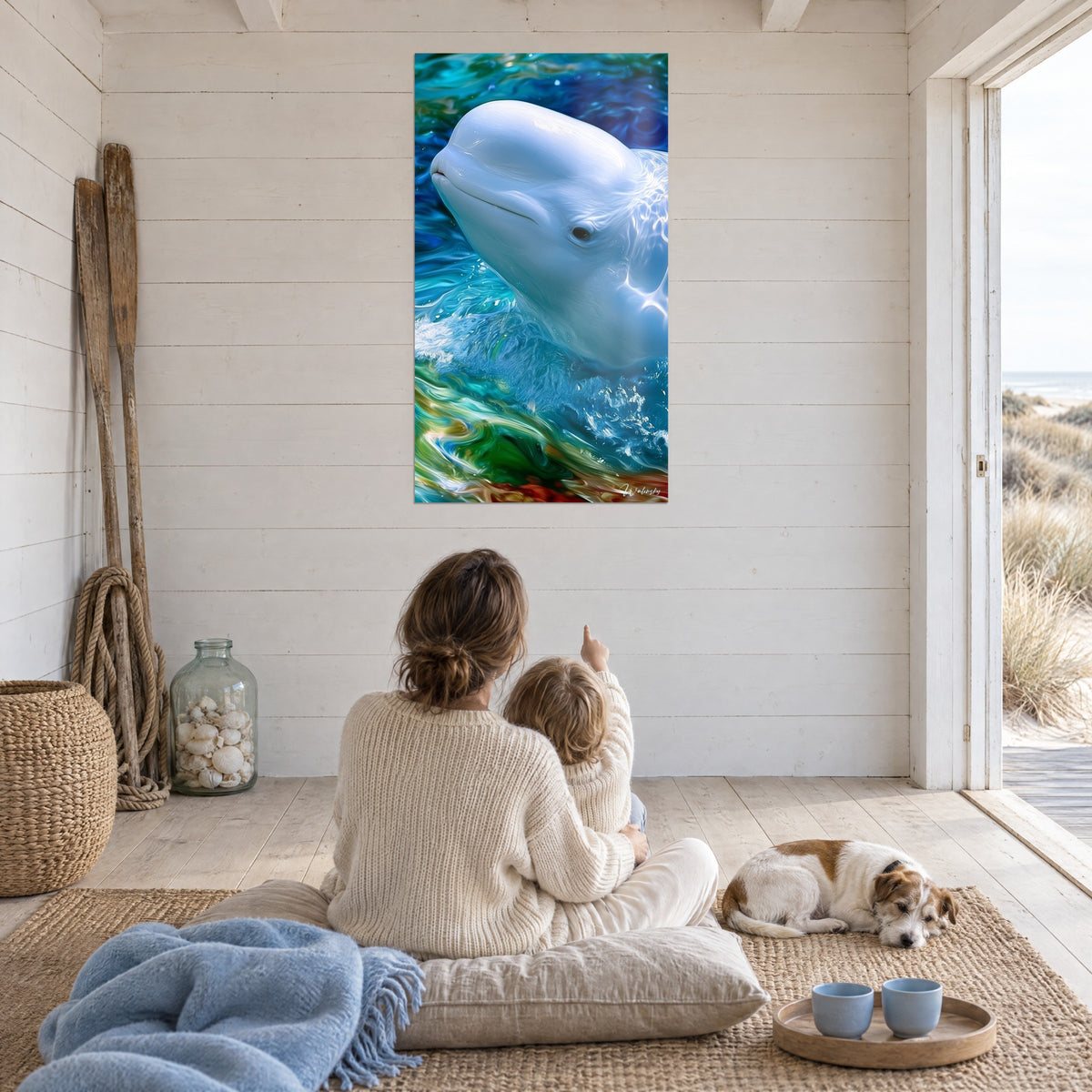 Tableau melon rond d'un béluga blanc, vagues turquoise et ocre, mère et enfant de dos sur un tapis, petit terrier couché
