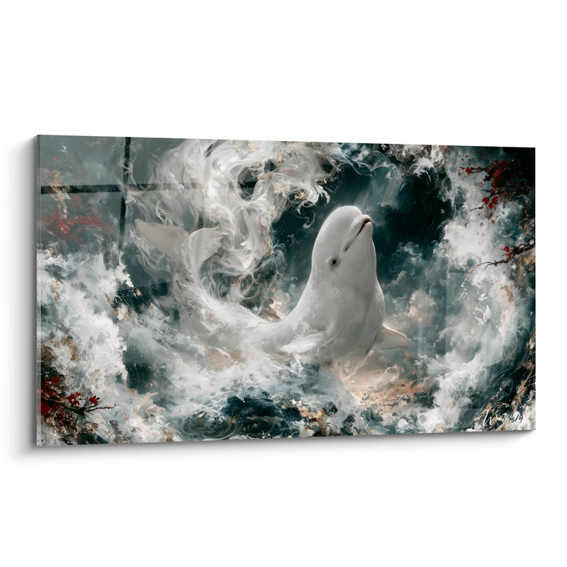 Tableau Beluga blanc et anthracite jaillissant des flots - Surgissement des abysses - Edition Beluga