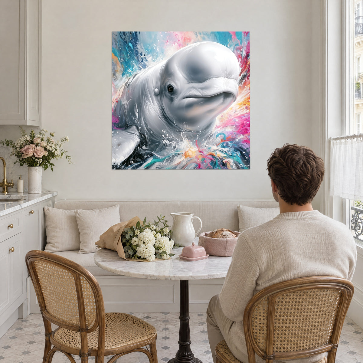 Quadro ritratto di beluga dalla pelle avorio, gocce bianche e getti magenta e arancio, di fronte a un tavolo da cucina fiorito