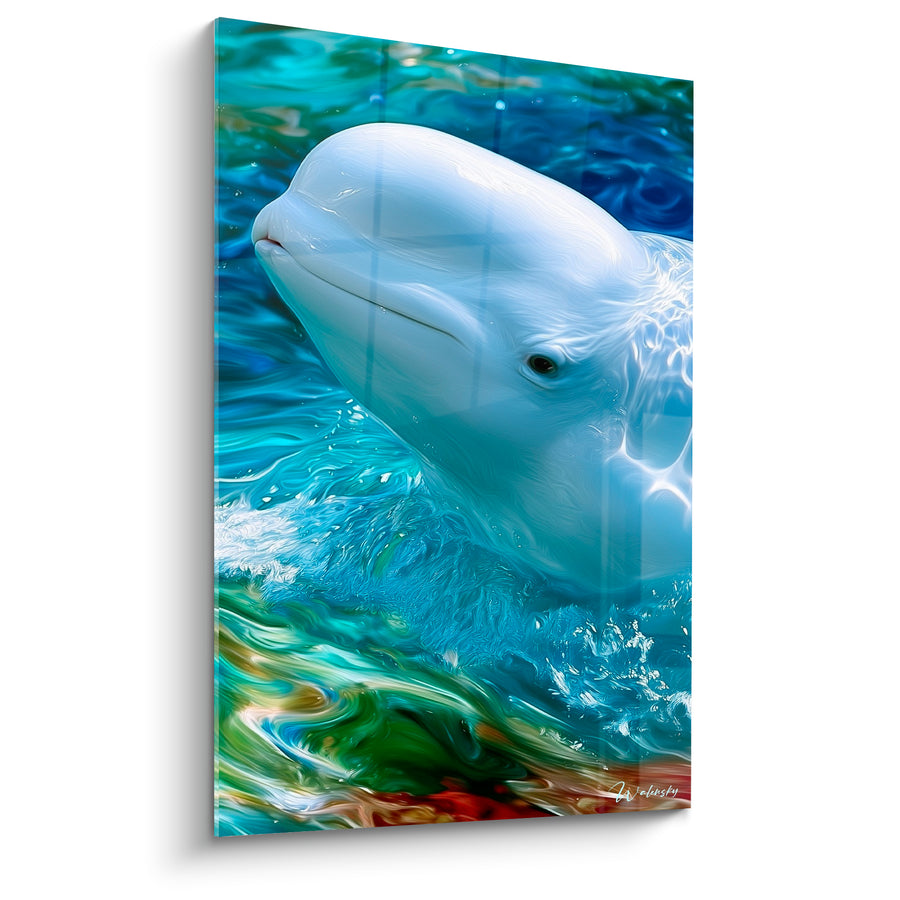 Tableau Beluga blanc et turquoise émergeant des vagues - Émergence océane - Edition Beluga