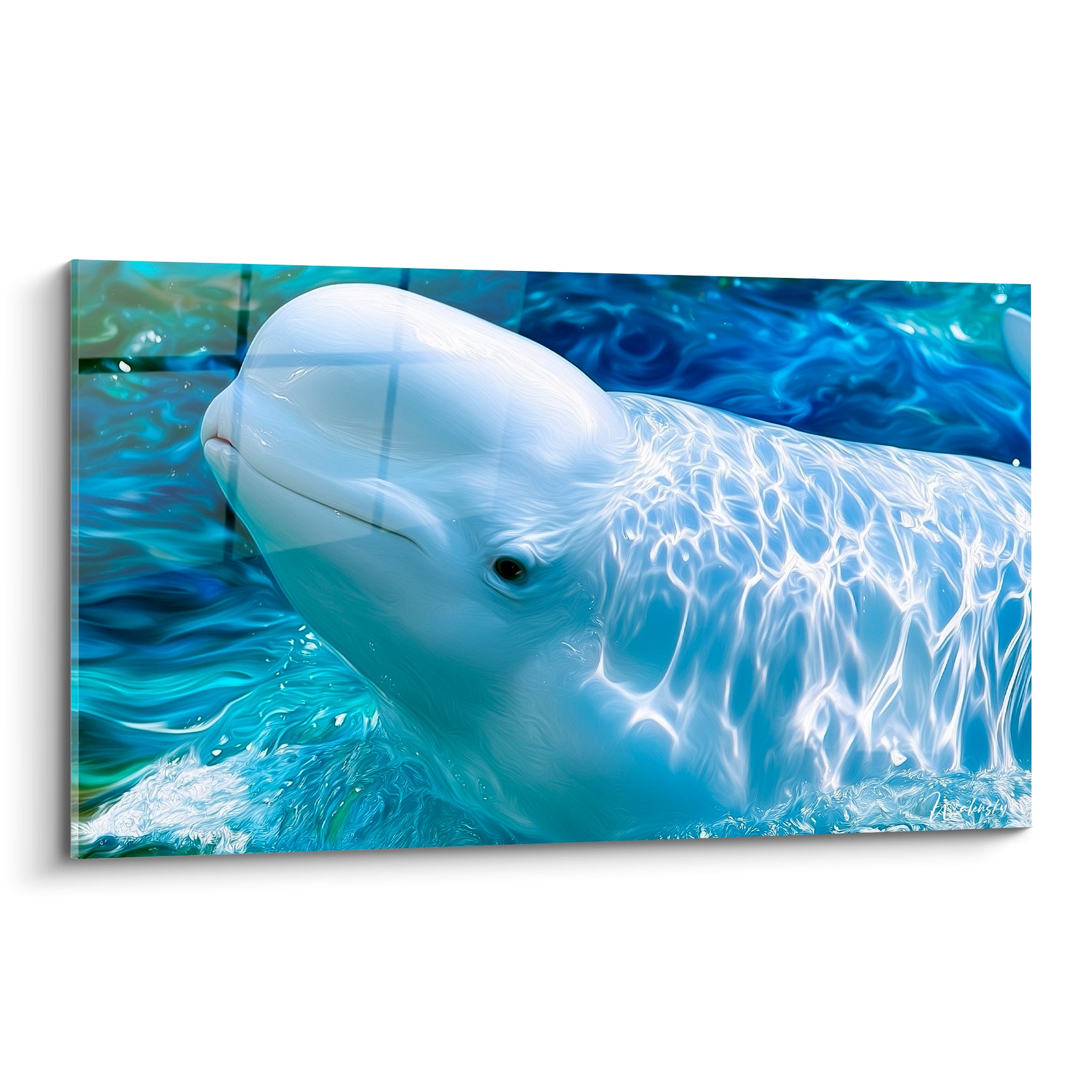 Beluga blanc au regard calme émergeant d'une eau bleu turquoise scintillante