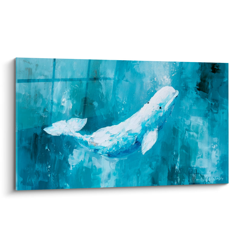 Tableau Beluga blanc bleu turquoise remontant vers la surface - Ascension silencieuse - Edition Beluga