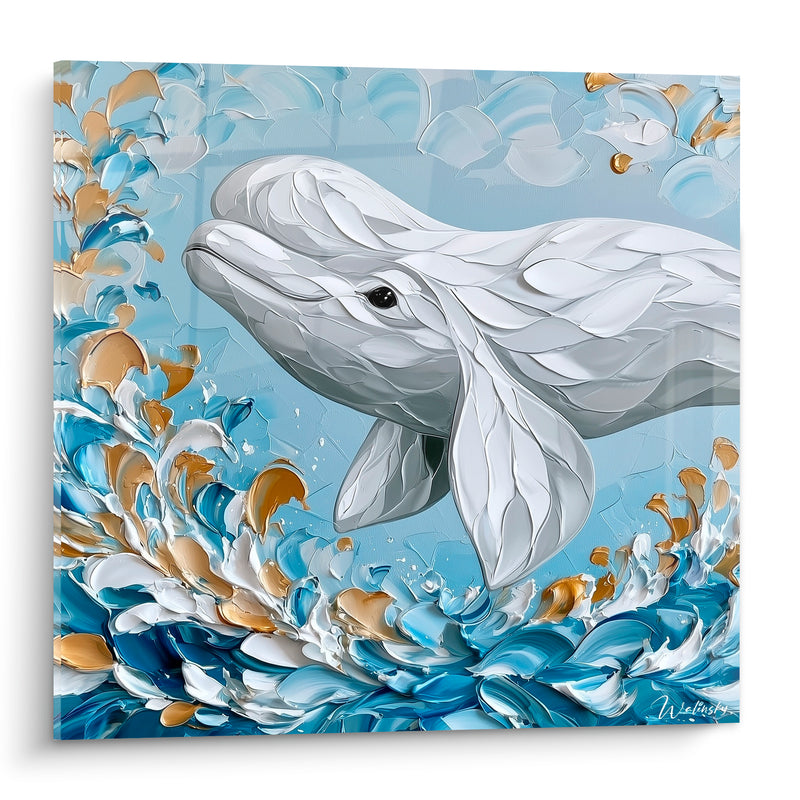 Tableau Beluga blanc et doré vague déferlante - Écaillage sculptural - Edition Beluga