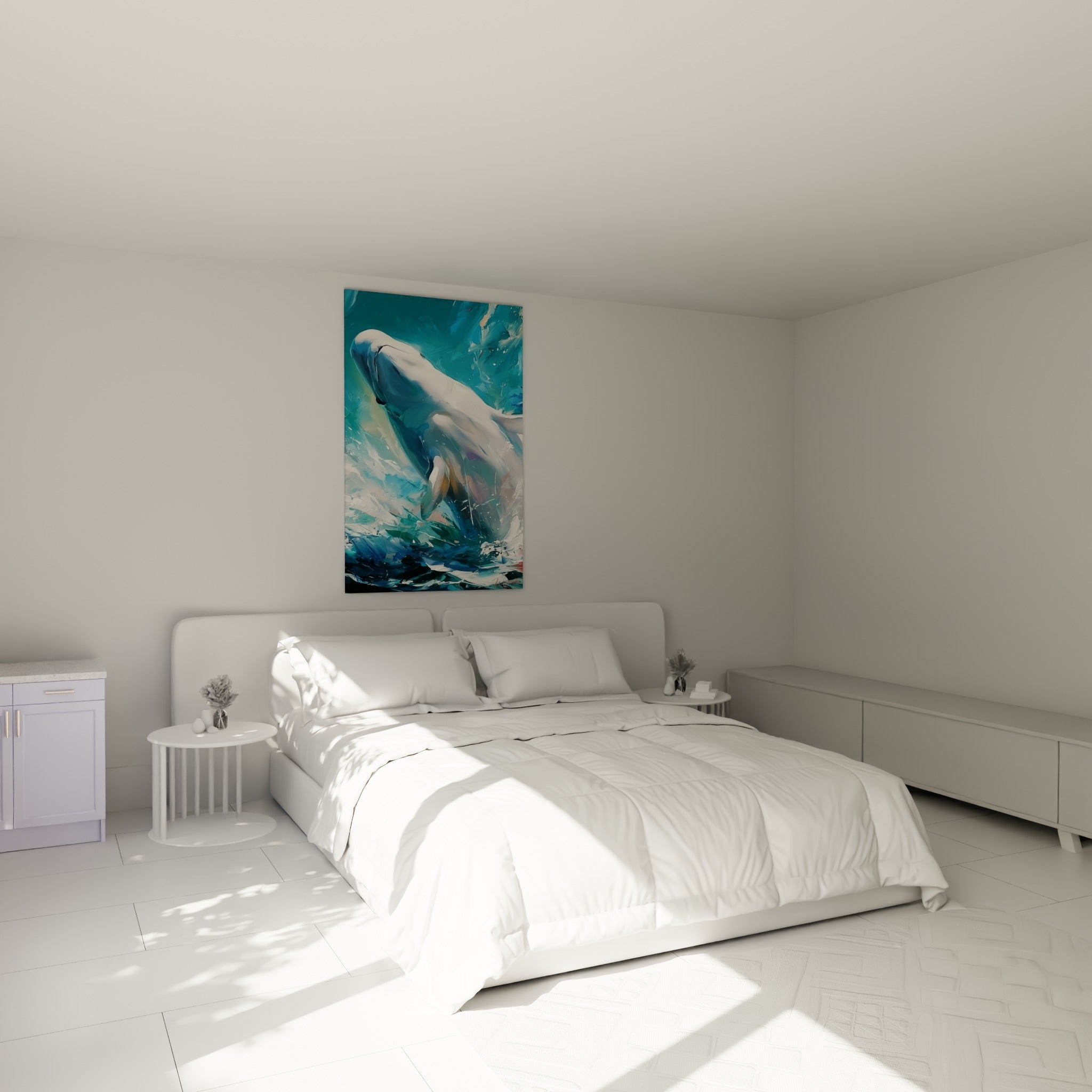 Mammifère marin blanc et turquoise en plein élan, accroché au-dessus d'un lit dans une chambre claire
