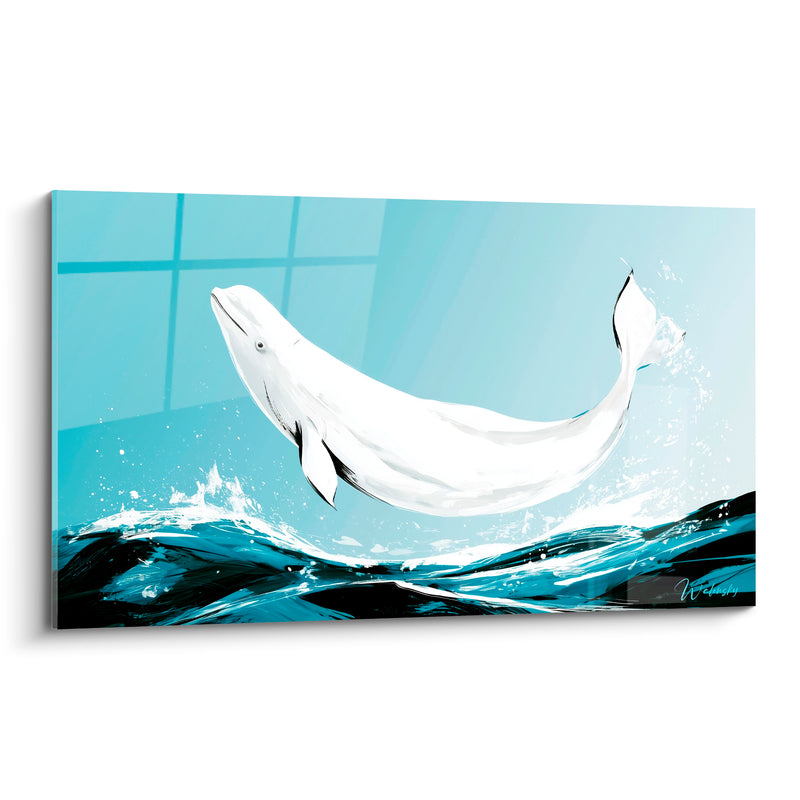 Tableau Beluga blanc et noir bondissant hors des vagues - Saut céleste - Edition Beluga