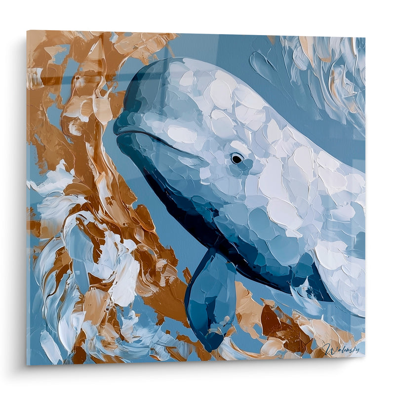 Tableau Beluga bleu ardoise et doré tourbillon d'écume - Émersion dorée - Edition Beluga