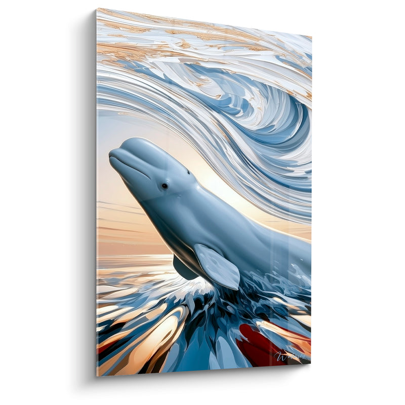 Tableau Beluga bleu ardoise et doré émergeant des flots - Élan vers la lumière - Edition Beluga