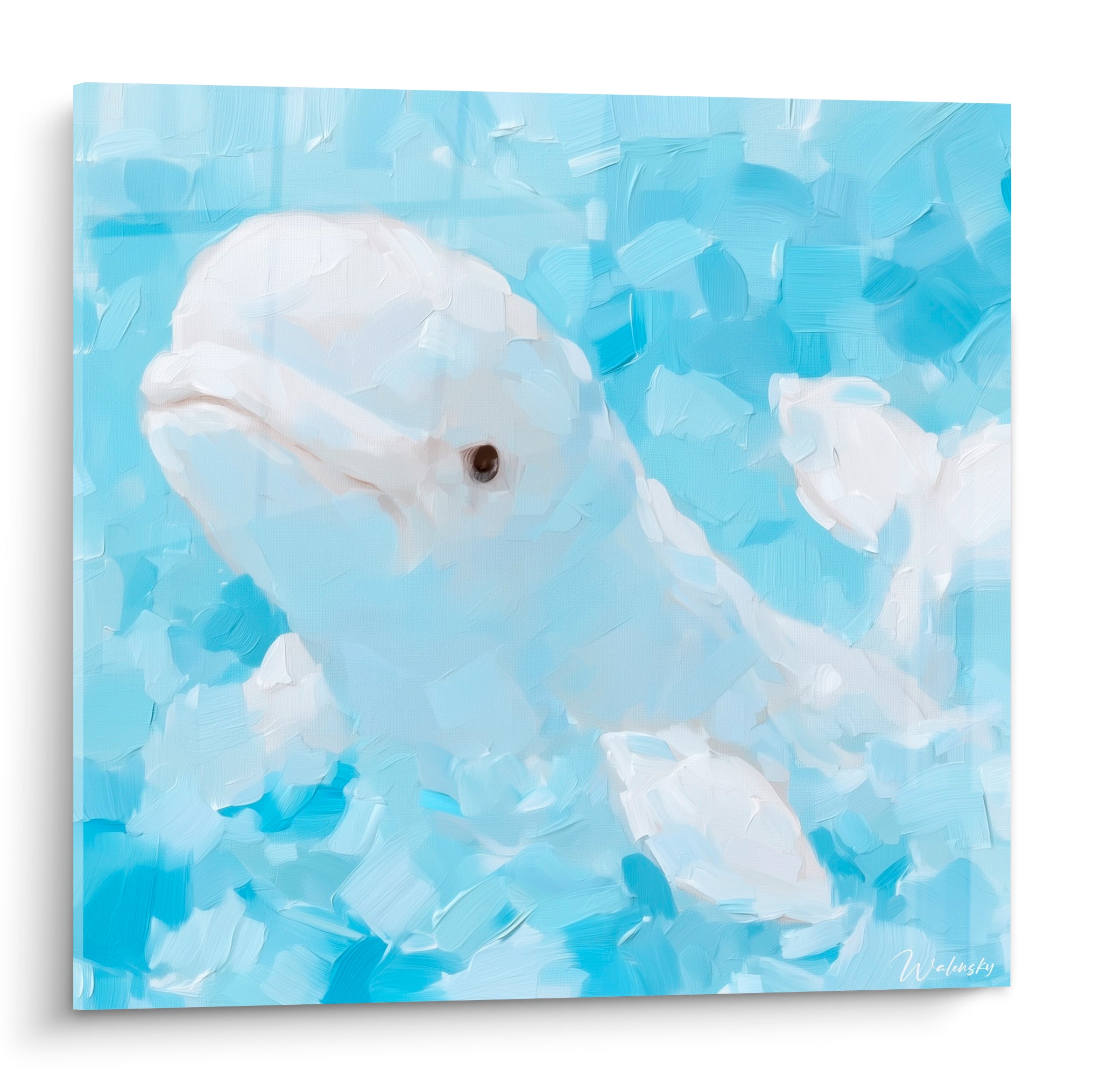 Beluga blanc nacré émergeant d'une eau bleu ciel, texture empâtée et regard doux au centre