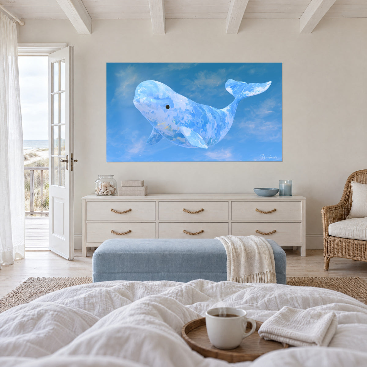 Tableau mammifère marin bleu clair et blanc, œil noir rond, ciel pastel autour, face à une personne de dos, au-dessus d'un lit dans une chambre claire