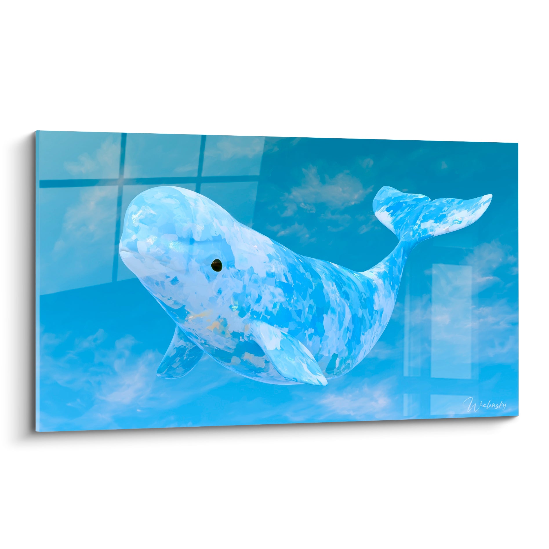 Beluga flottant en bleu ciel et blanc nacré, silhouette fragmentée fondue dans des nuages pastel