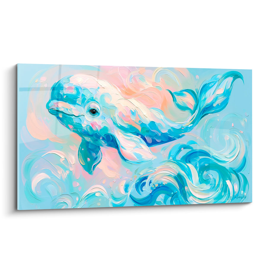 Tableau Beluga bleu ciel et rose pêche tourbillons - Nage céleste - Edition Beluga