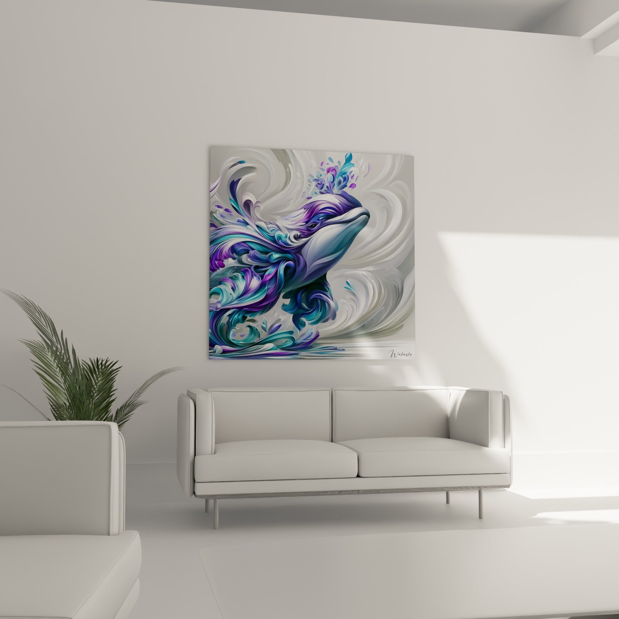 Baleine blanche stylisée en violet et bleu ciel au-dessus d'un canapé dans un salon lumineux