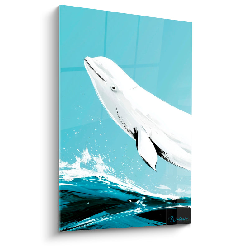 Tableau Beluga blanc et bleu ciel nageoire noire tranchante - Contours à l'encre - Edition Beluga