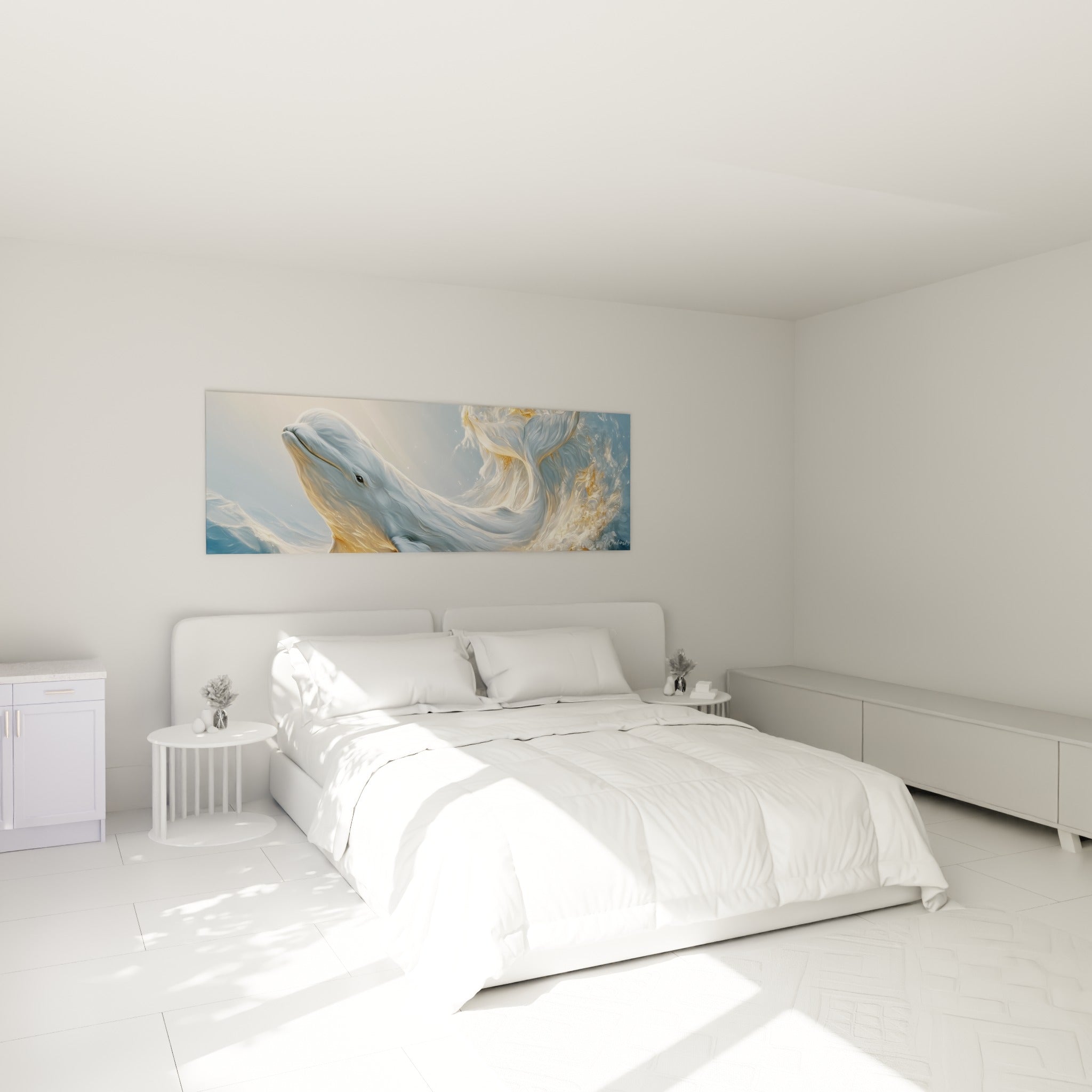 Créature marine blanche et dorée traversée de lumière, au-dessus d'un lit dans une chambre claire