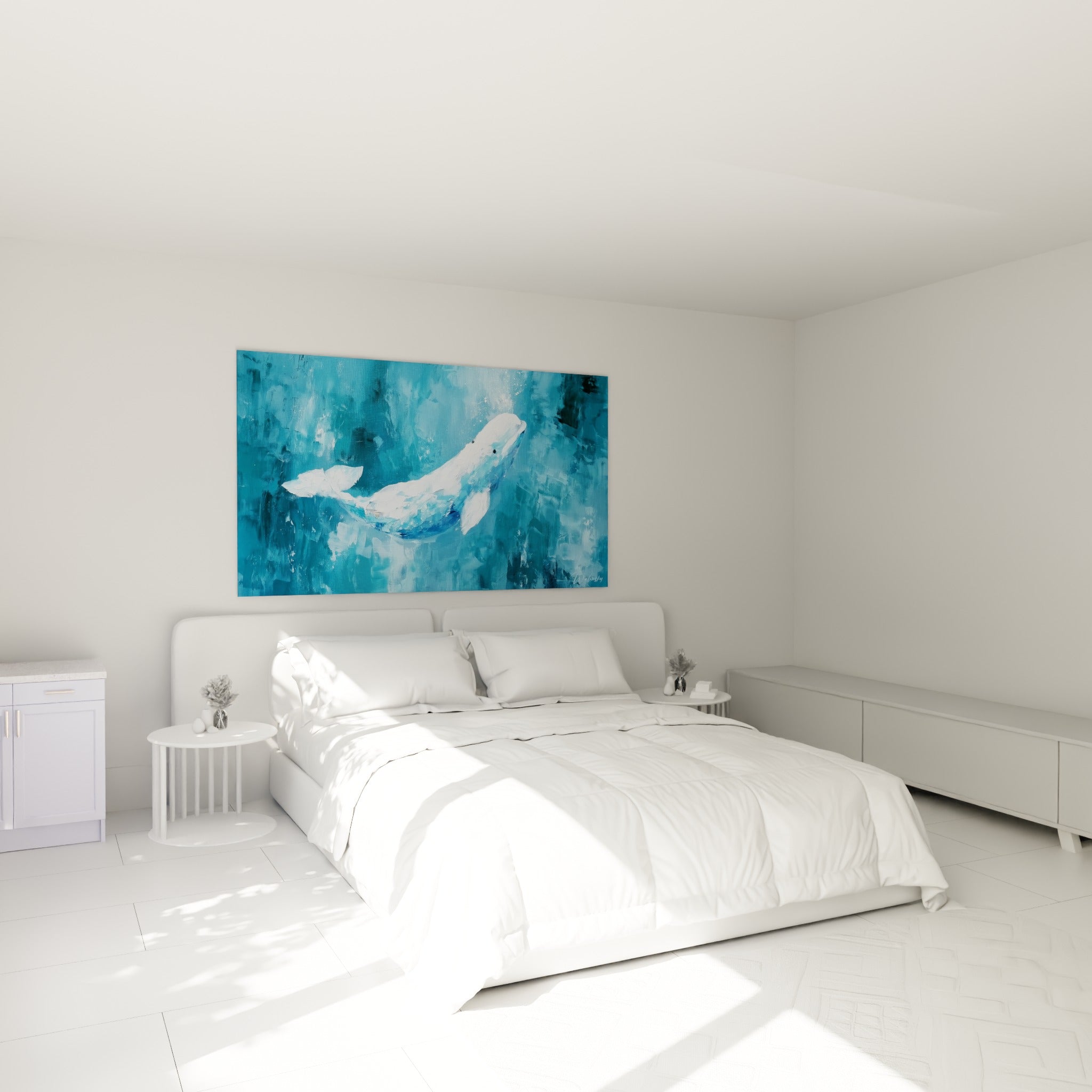Mammifère marin blanc et bleu glacier peint en relief, accroché au-dessus d'un lit dans une chambre claire