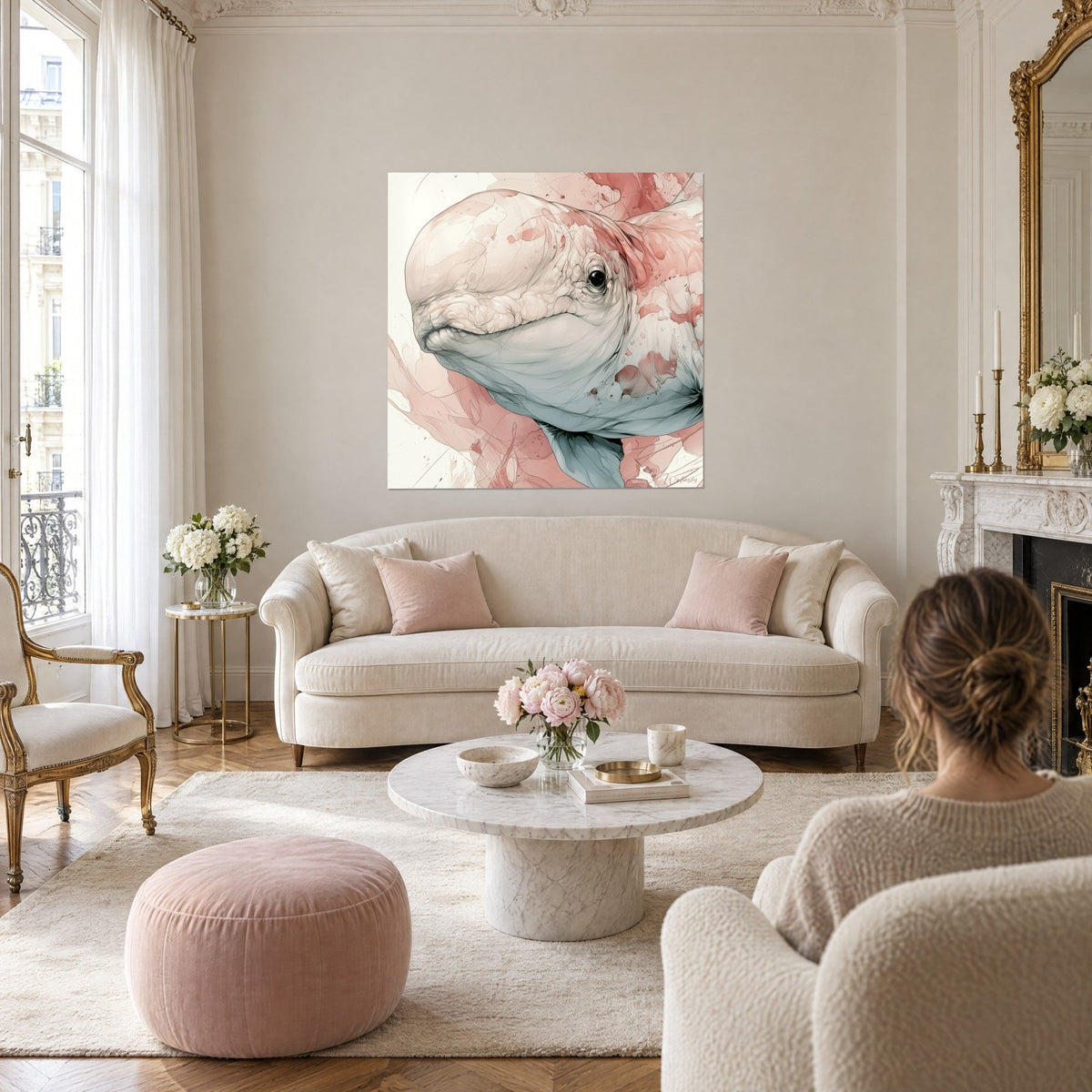 Quadro beluga avorio dallo sguardo nero intenso, schizzi rosa cipria e grigio azzurro, sopra un divano in un soggiorno luminoso
